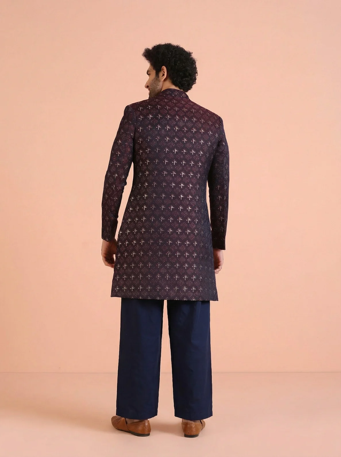 Wine Silk Blend Jacquard Sherwani Wide Leg Trouser Set - Image 3