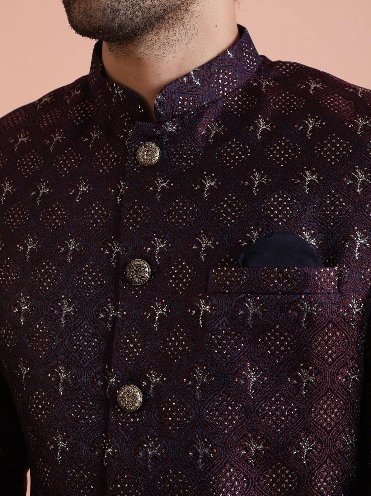 Wine Silk Blend Jacquard Sherwani Wide Leg Trouser Set - Image 4