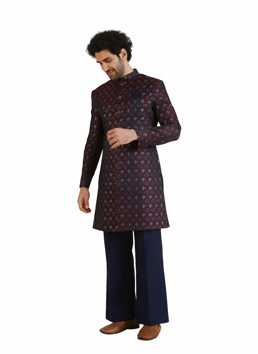 Wine Silk Blend Jacquard Sherwani Wide Leg Trouser Set - Image 8
