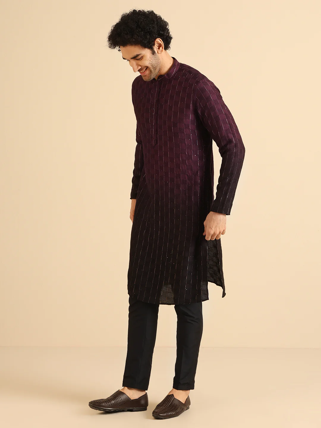 Wine Silk Blend Ombre Kurta - Image 3