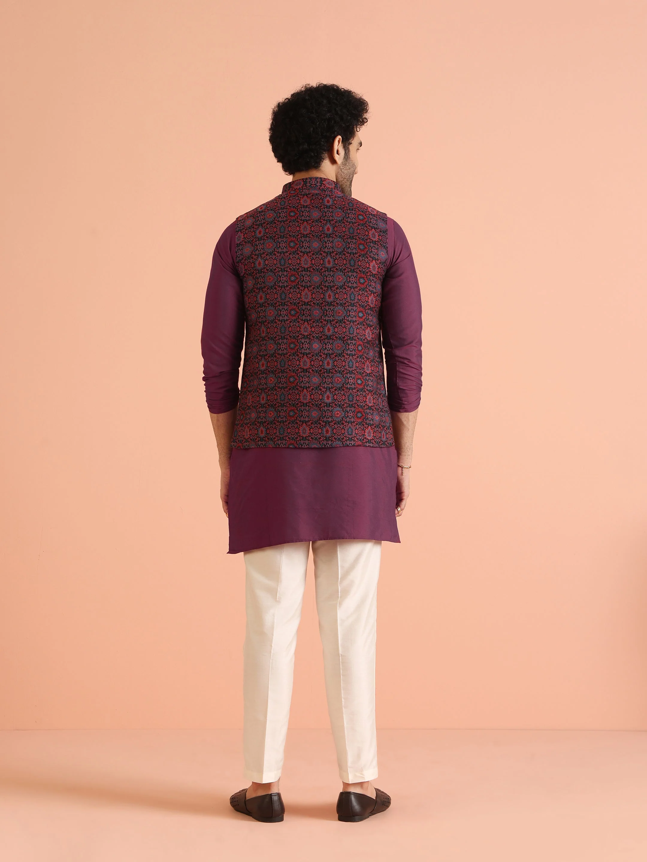 Wine Silk Blend Printed Jacket Kurta Trouser Set - Image 6