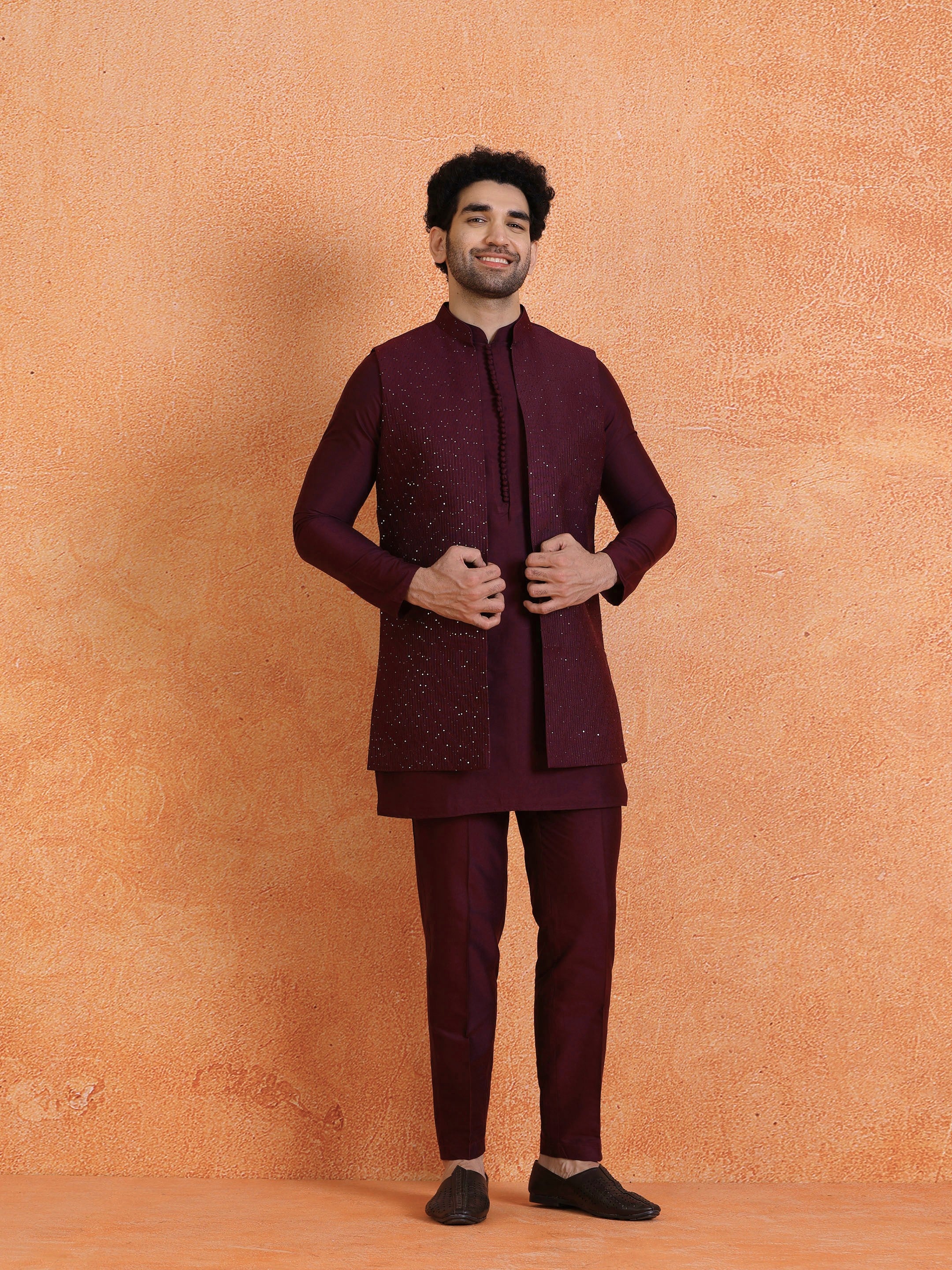 Wine Silk Blend Sequin Mid Kurta Front Open Long Jacket Trouser Set - Image 8