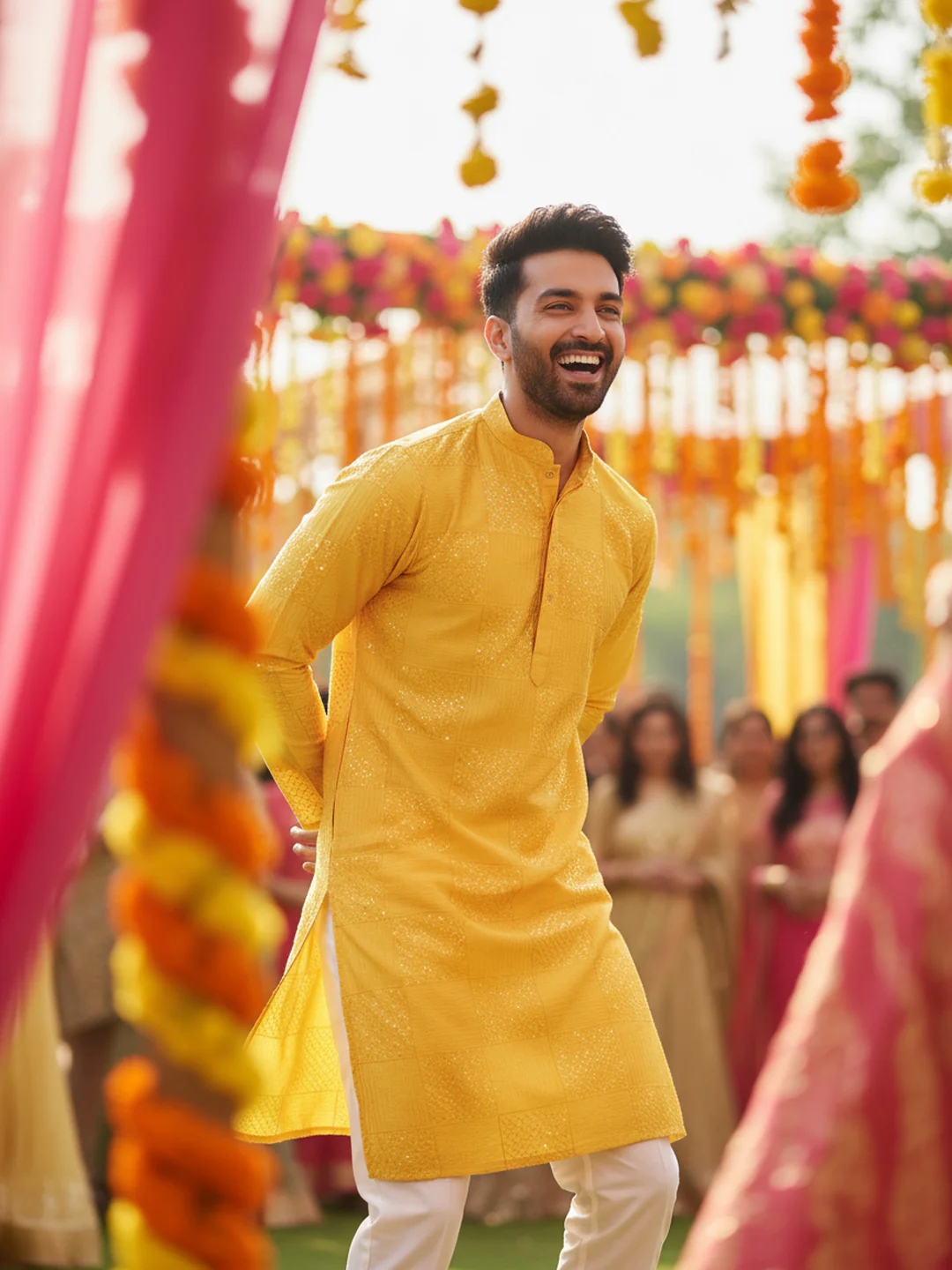 Yellow Silk Blend Textured Kurta Trouser Set
