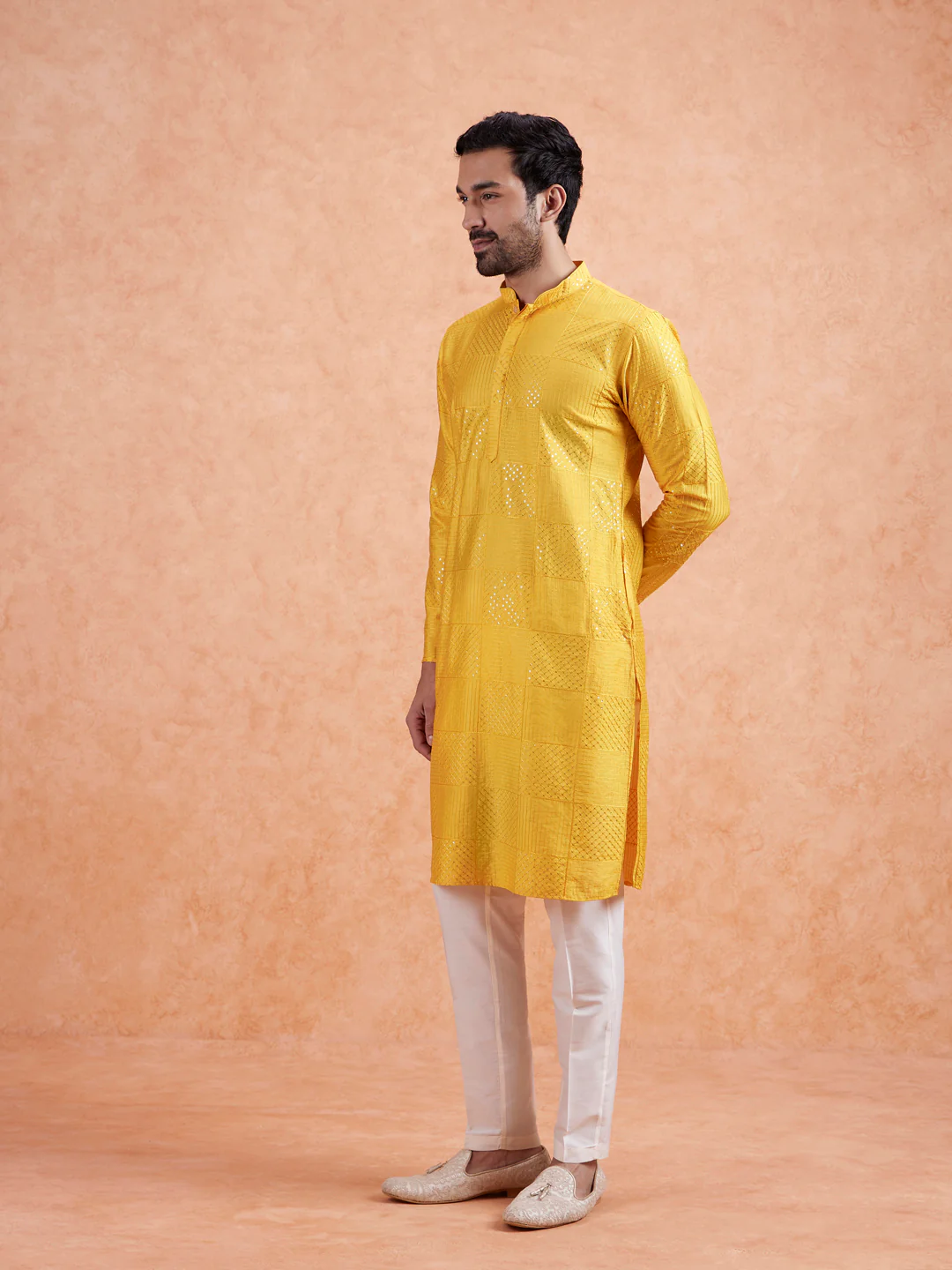 Yellow Silk Blend Textured Kurta Trouser Set - Image 2