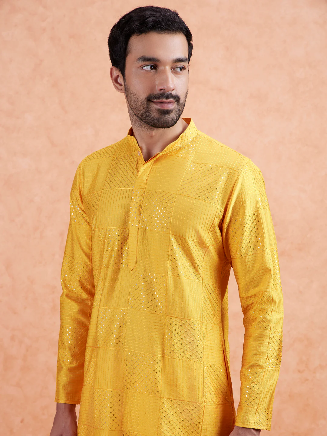 Yellow Silk Blend Textured Kurta Trouser Set - Image 7