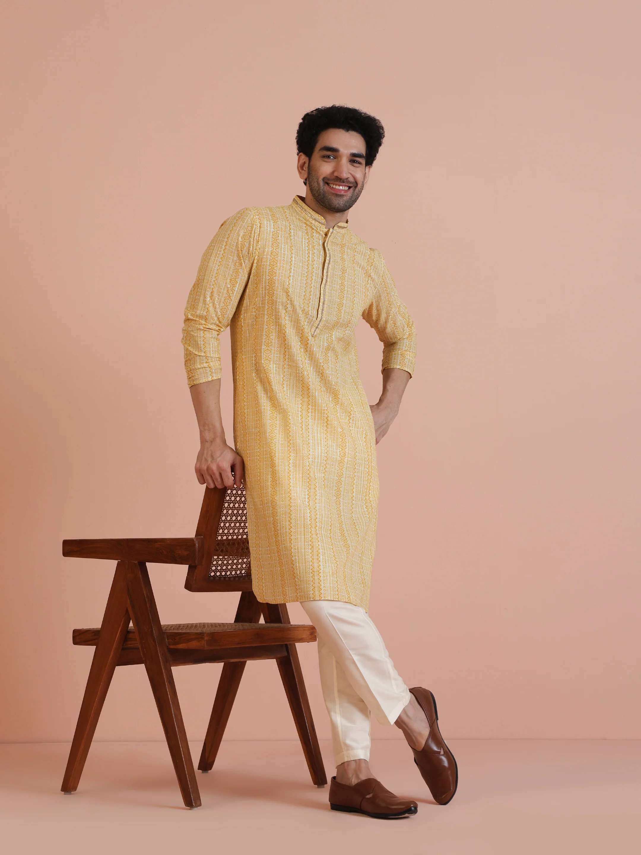 Yellow Cotton Blend Jacquard Kurta Trouser Set
