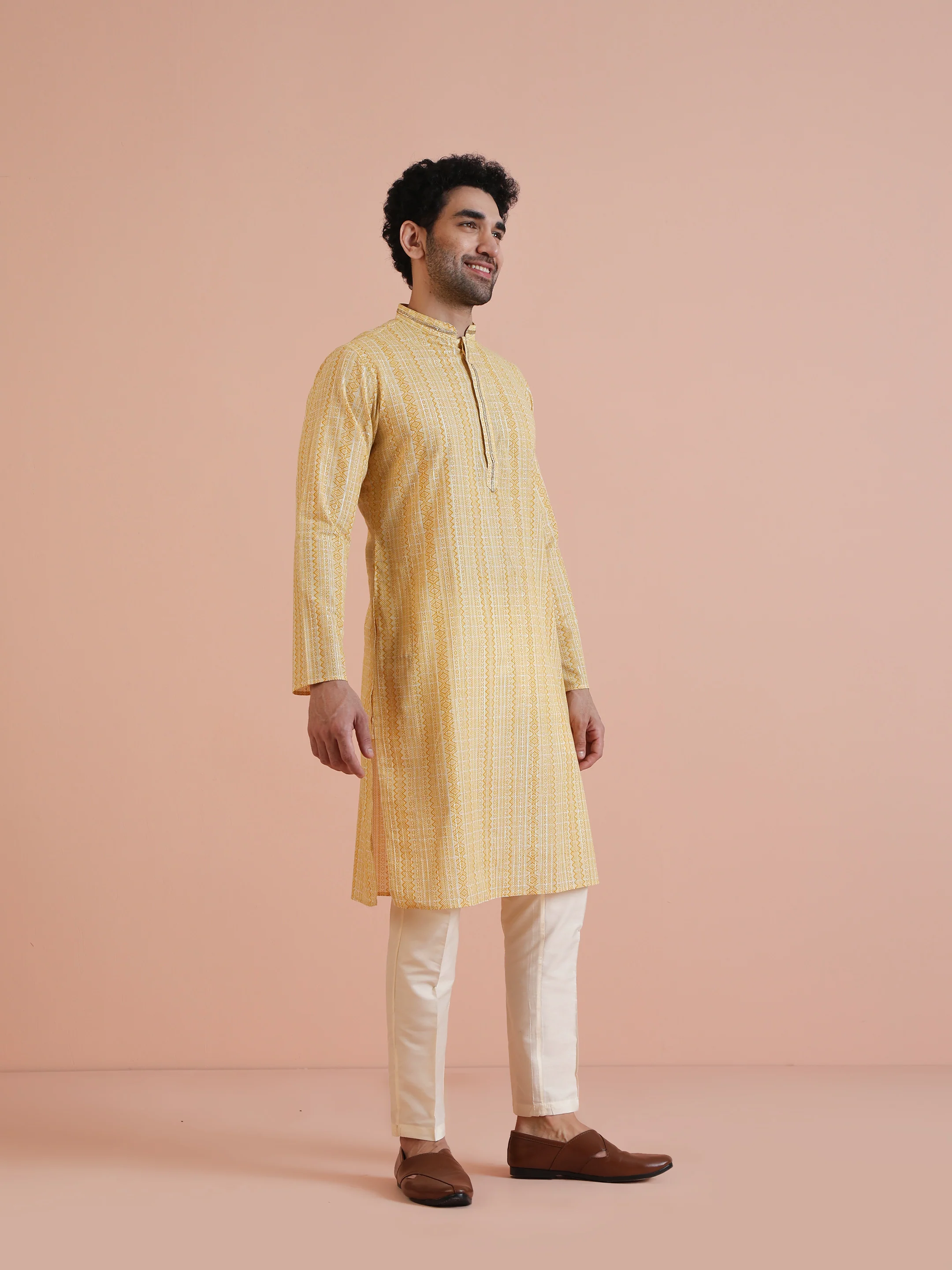 Yellow Cotton Blend Jacquard Kurta Trouser Set - Image 3