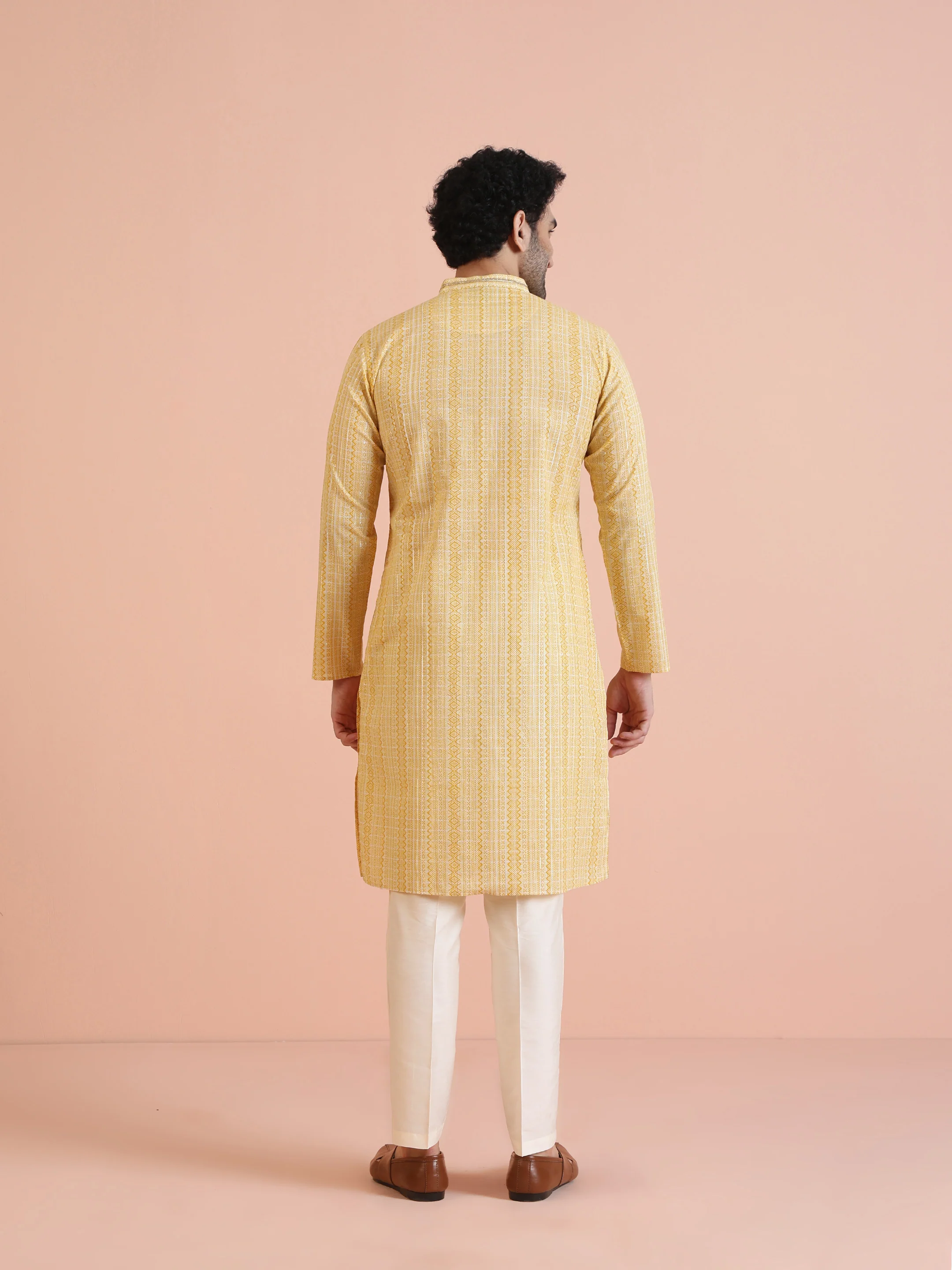 Yellow Cotton Blend Jacquard Kurta Trouser Set - Image 4