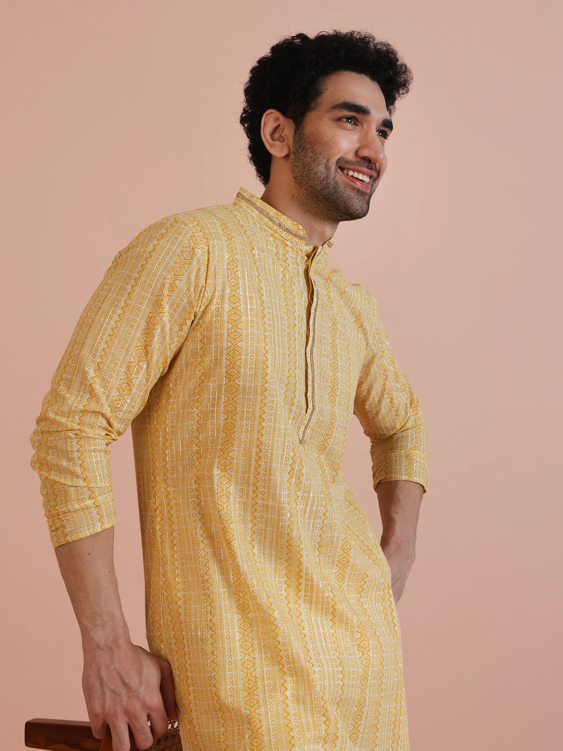 Yellow Cotton Blend Jacquard Kurta Trouser Set - Image 8