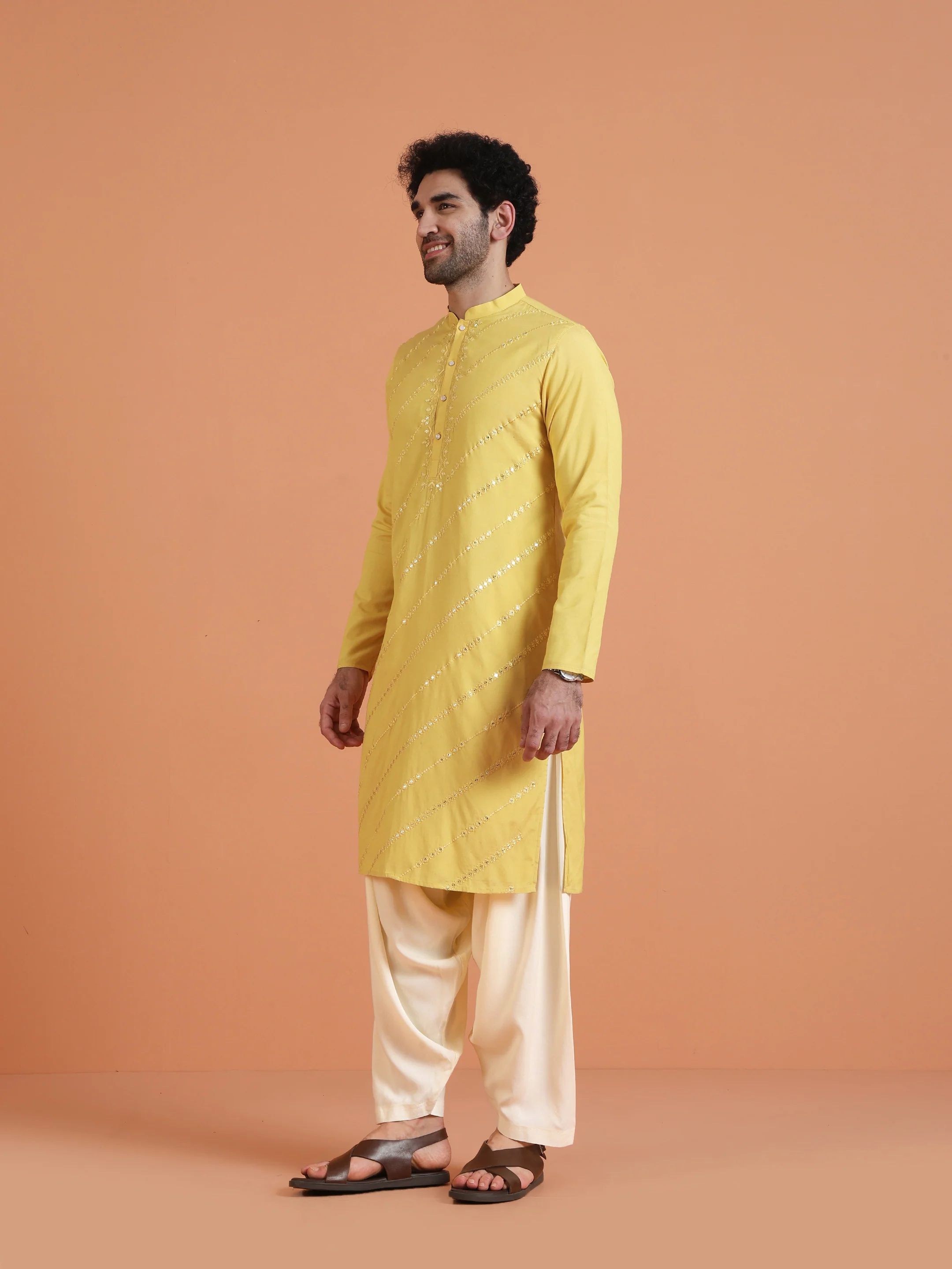 Yellow Cotton Silk Mirror Work Kurta - Image 2