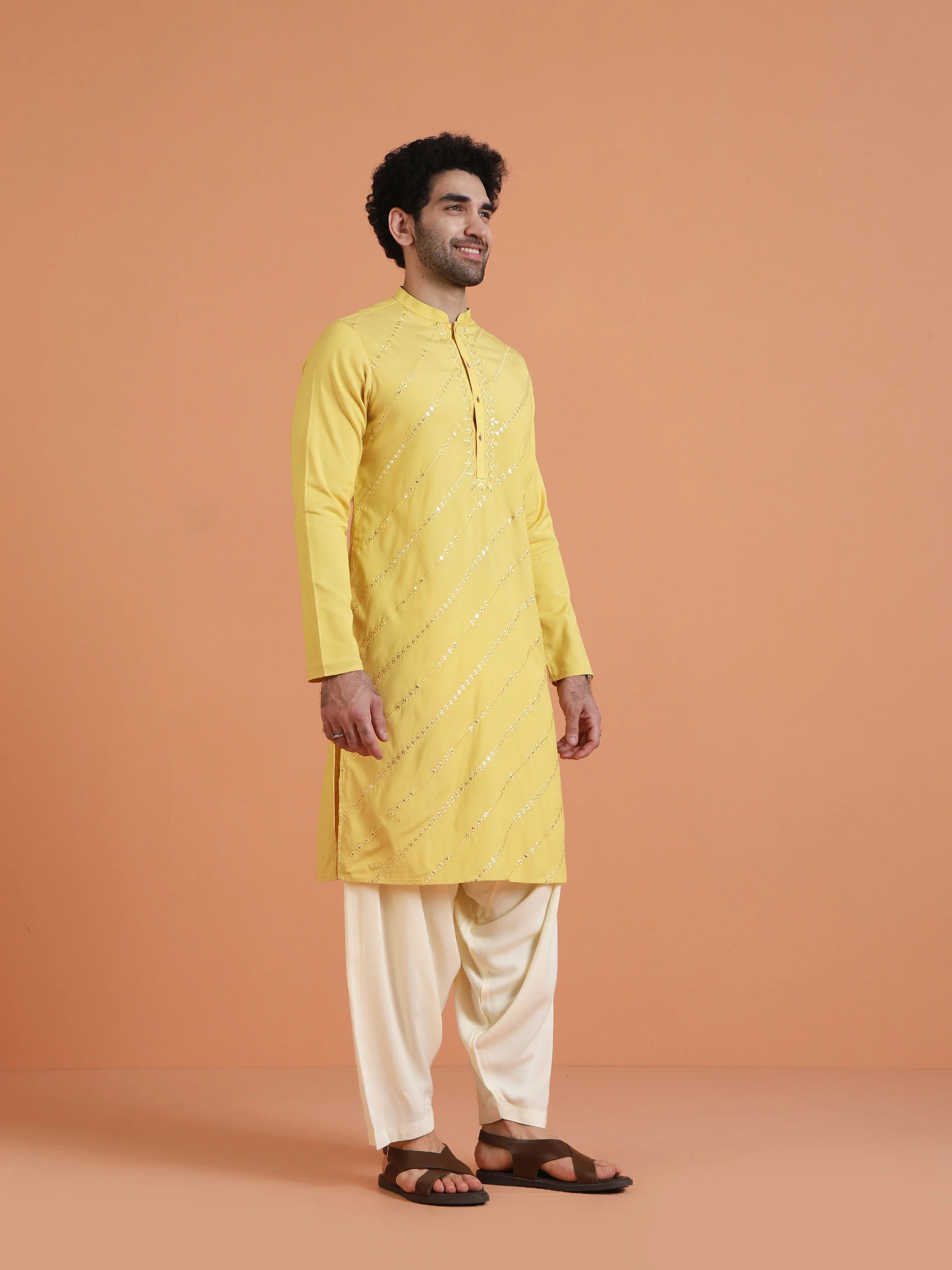 Yellow Cotton Silk Mirror Work Kurta - Image 3