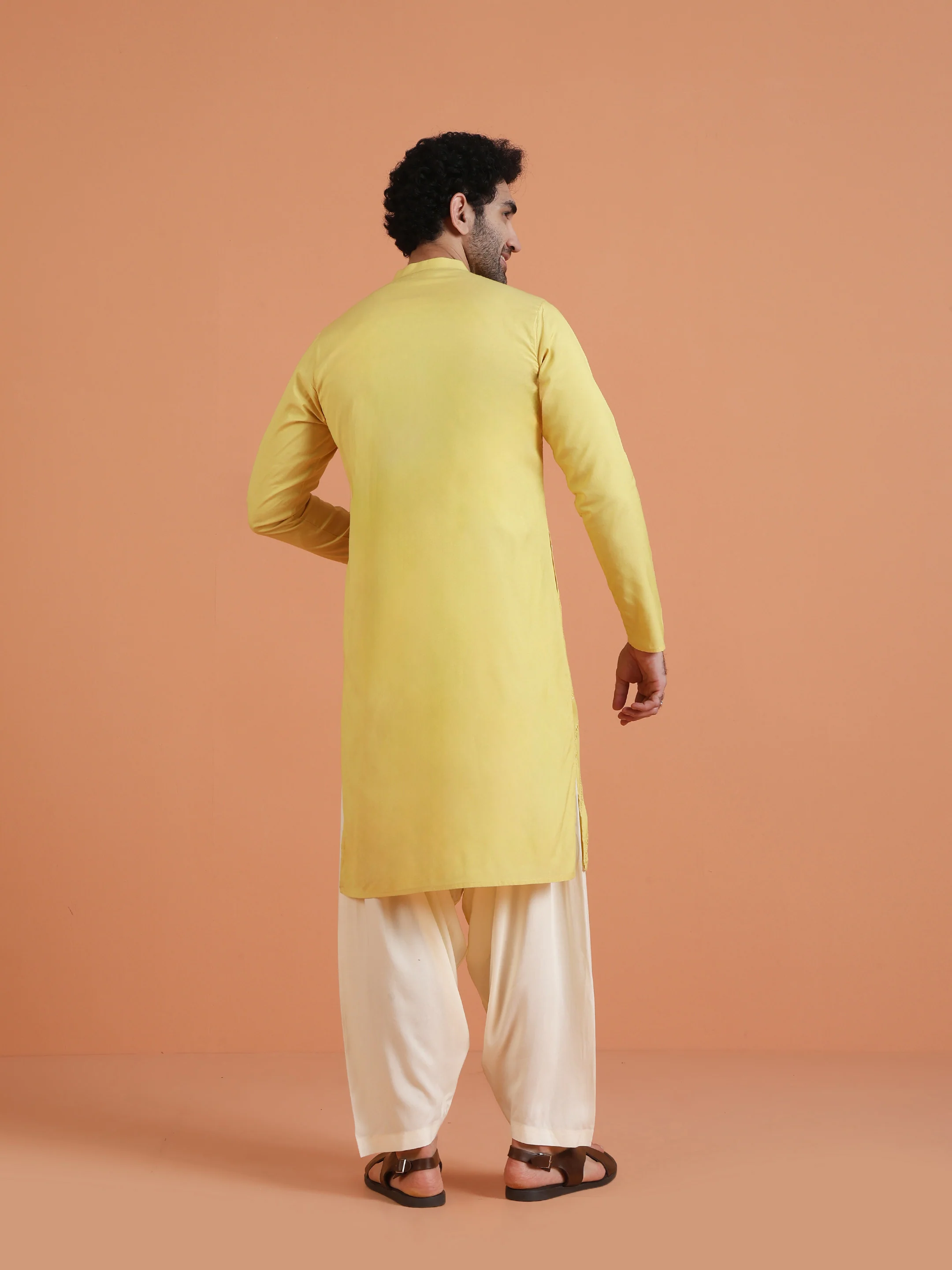 Yellow Embroidered Kurta with White Patiala Set - Image 4