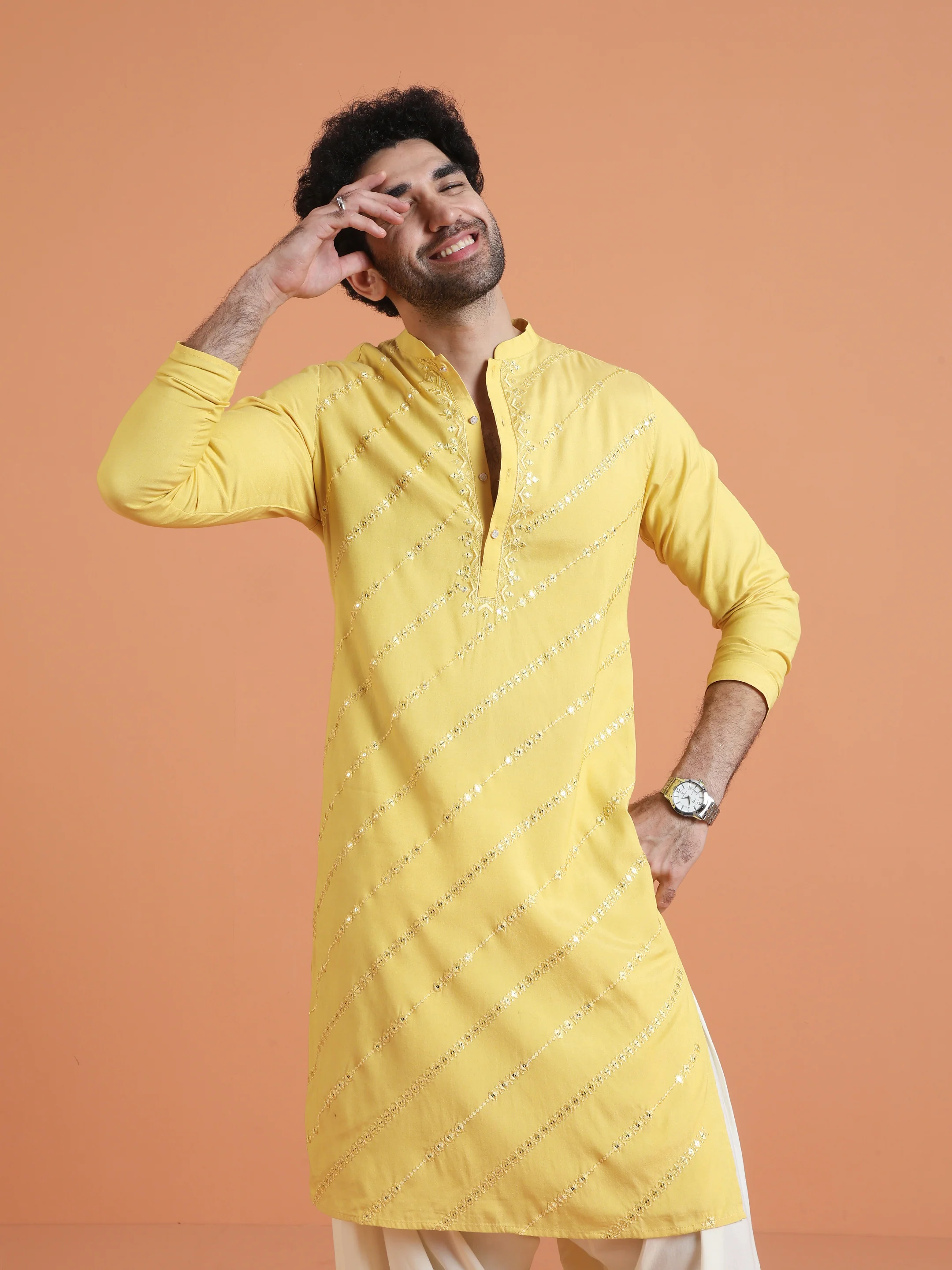Yellow Embroidered Kurta with White Patiala Set - Image 8