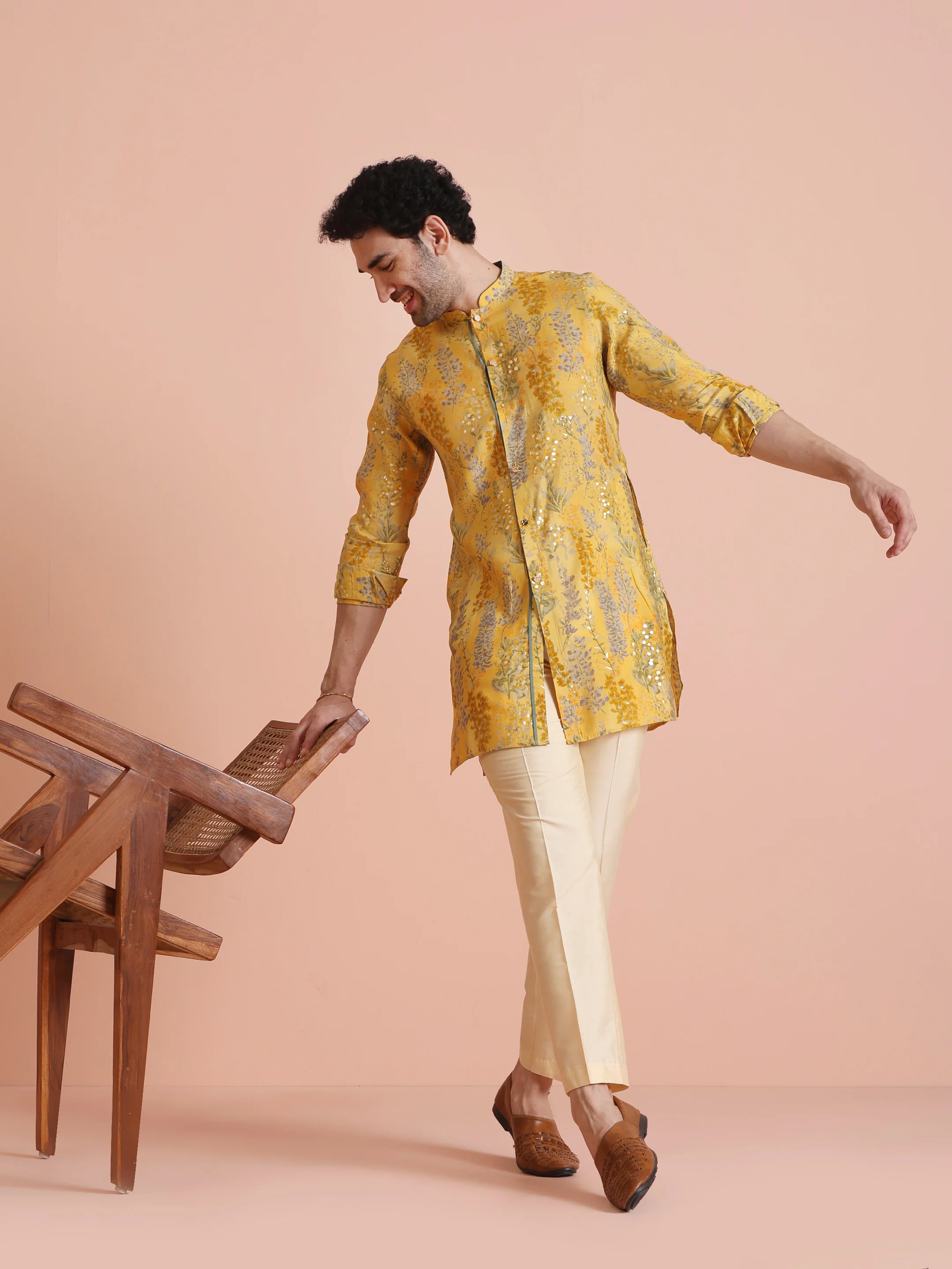 Yellow Floral Mirror Print Kurta Set
