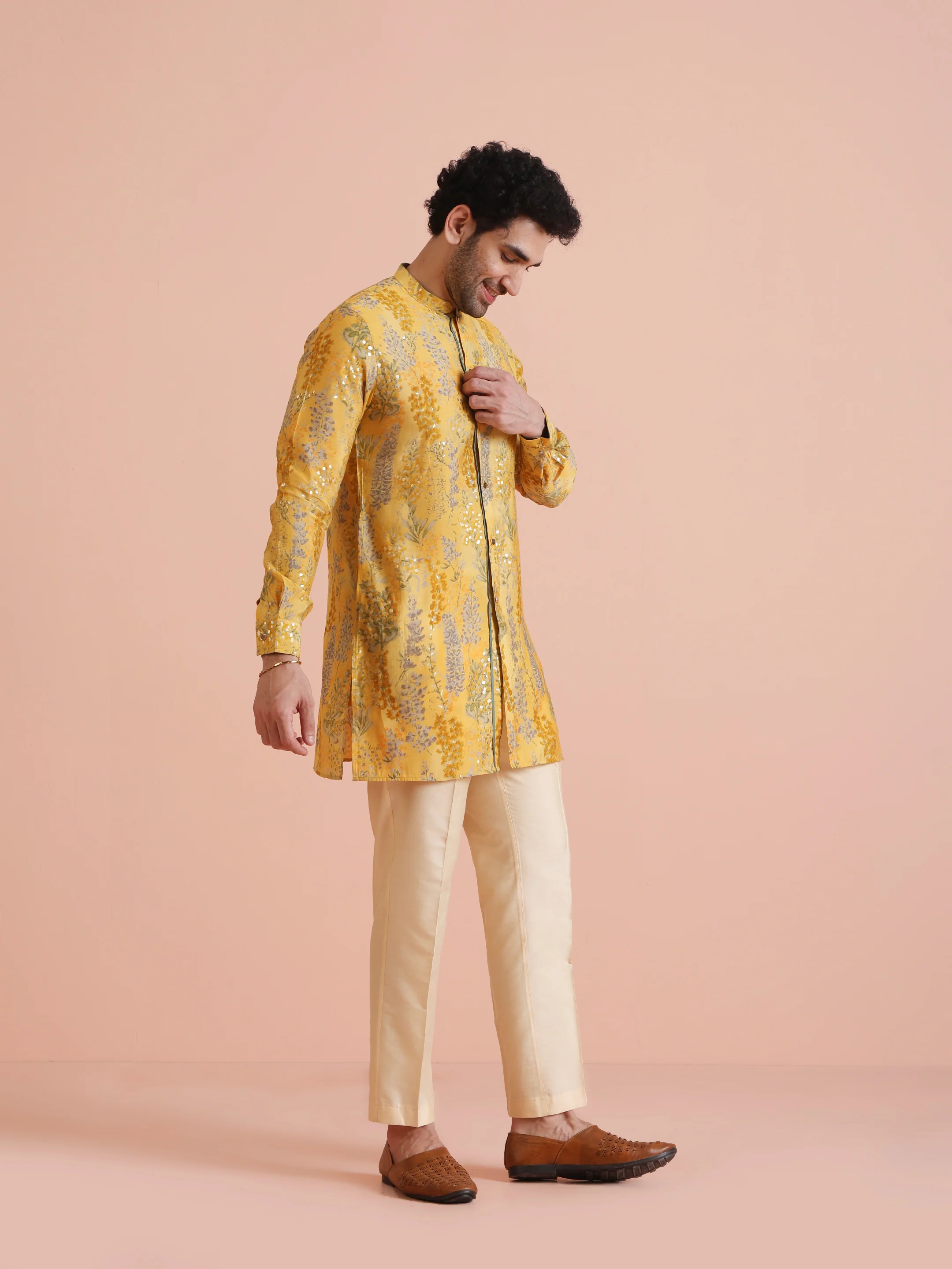 Yellow Floral Mirror Print Kurta Set - Image 2