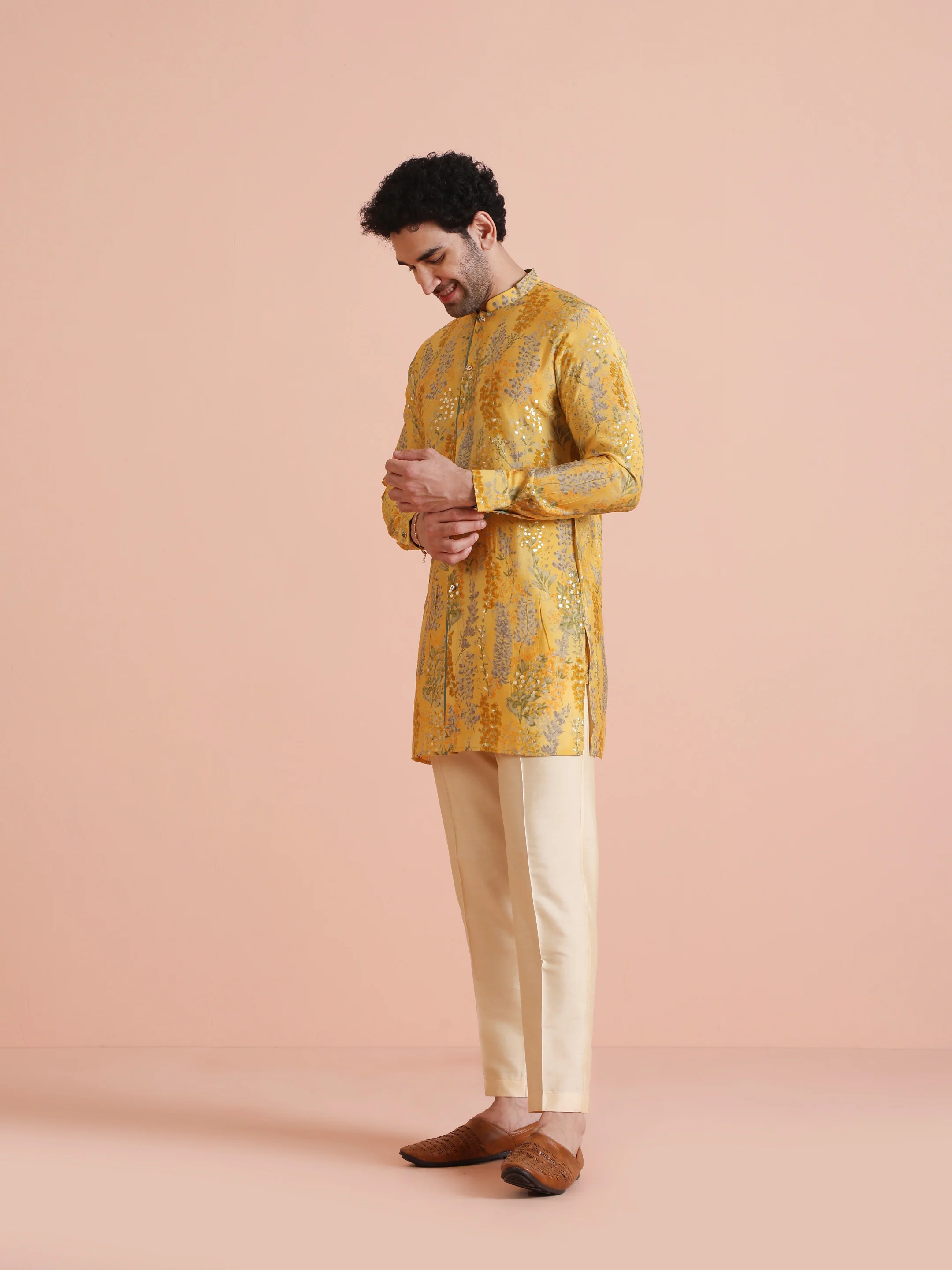 Yellow Floral Mirror Print Kurta Set - Image 3