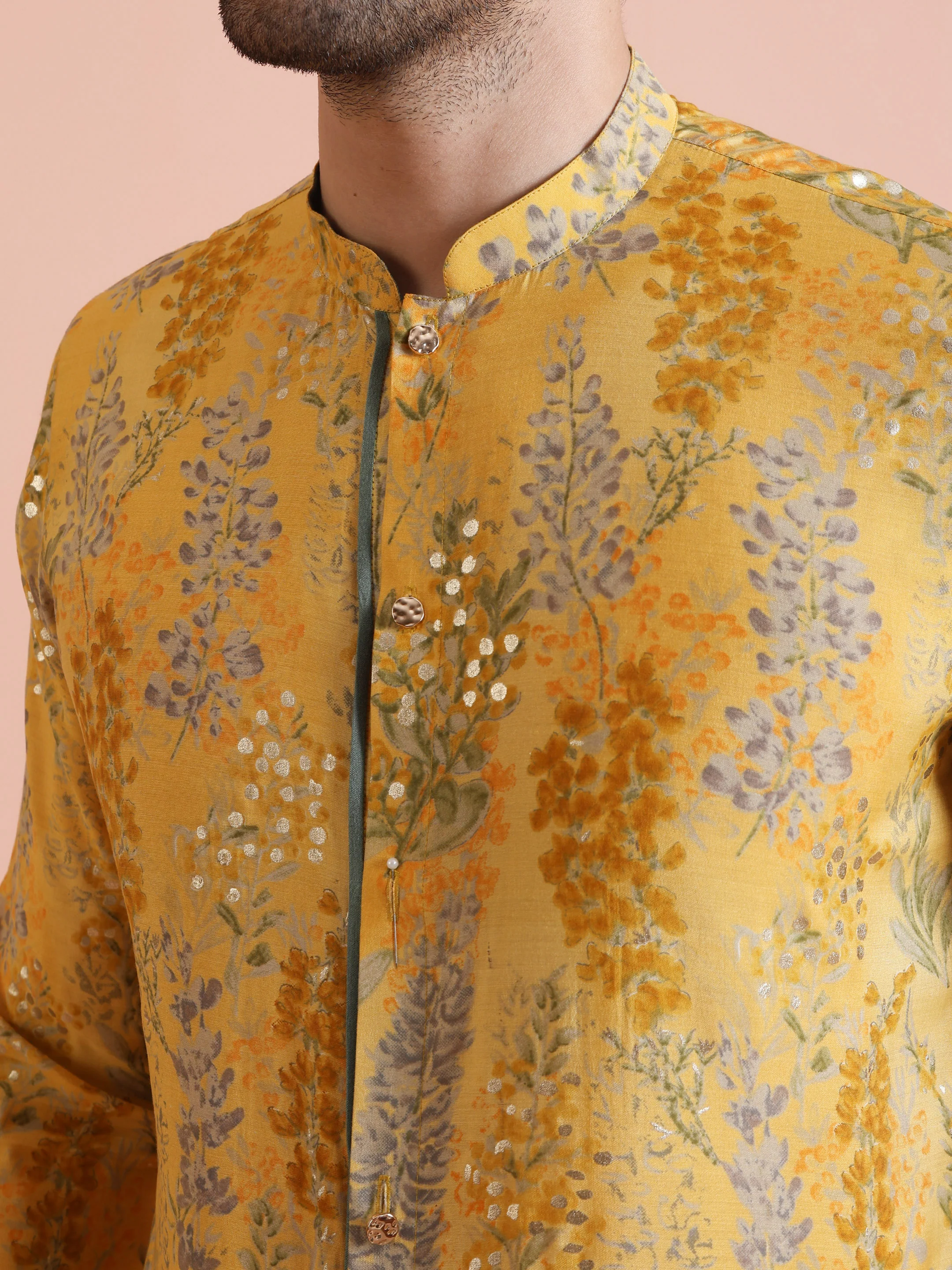 Yellow Floral Mirror Print Kurta Set - Image 5