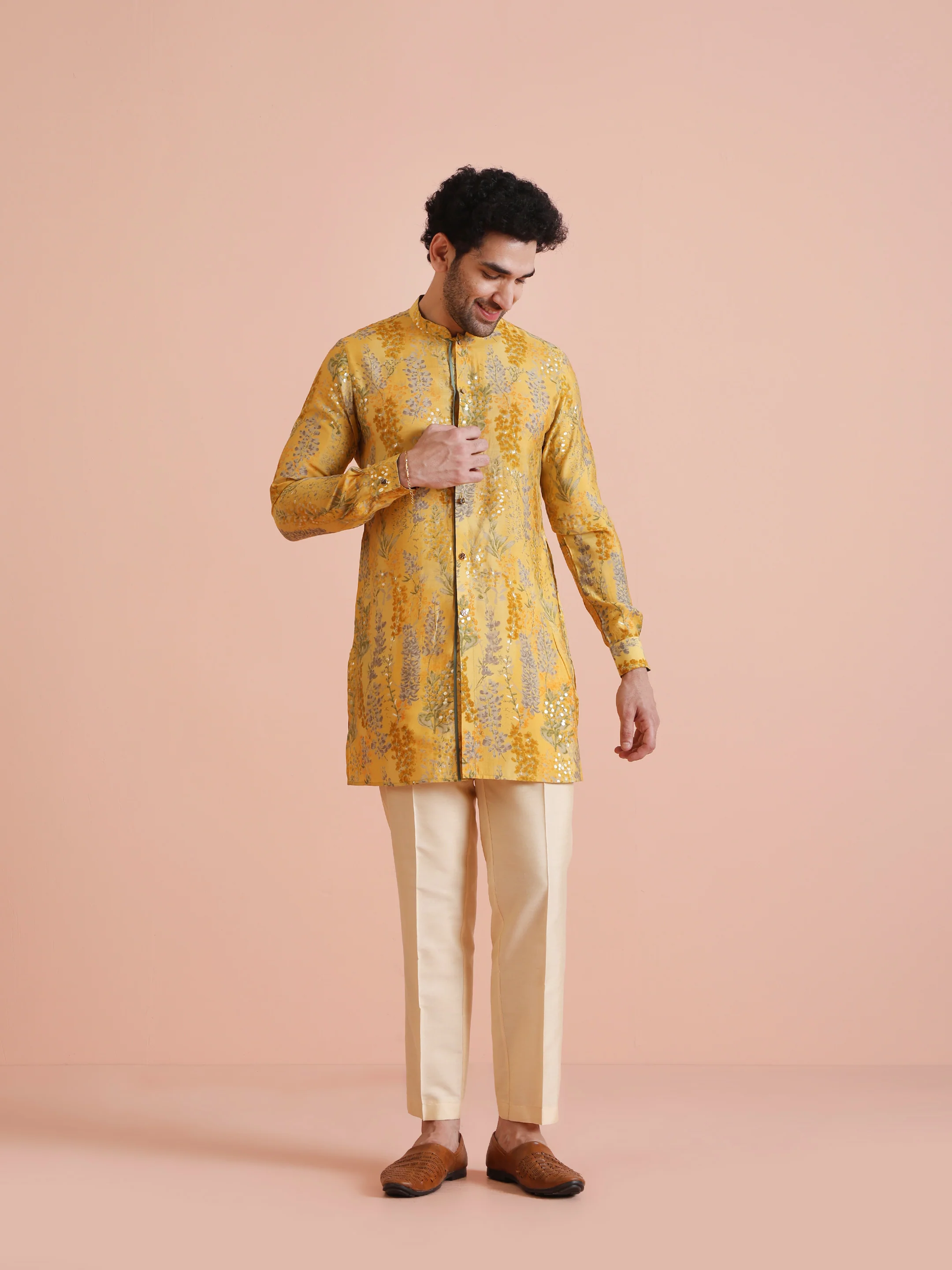 Yellow Floral Mirror Print Kurta Set - Image 7