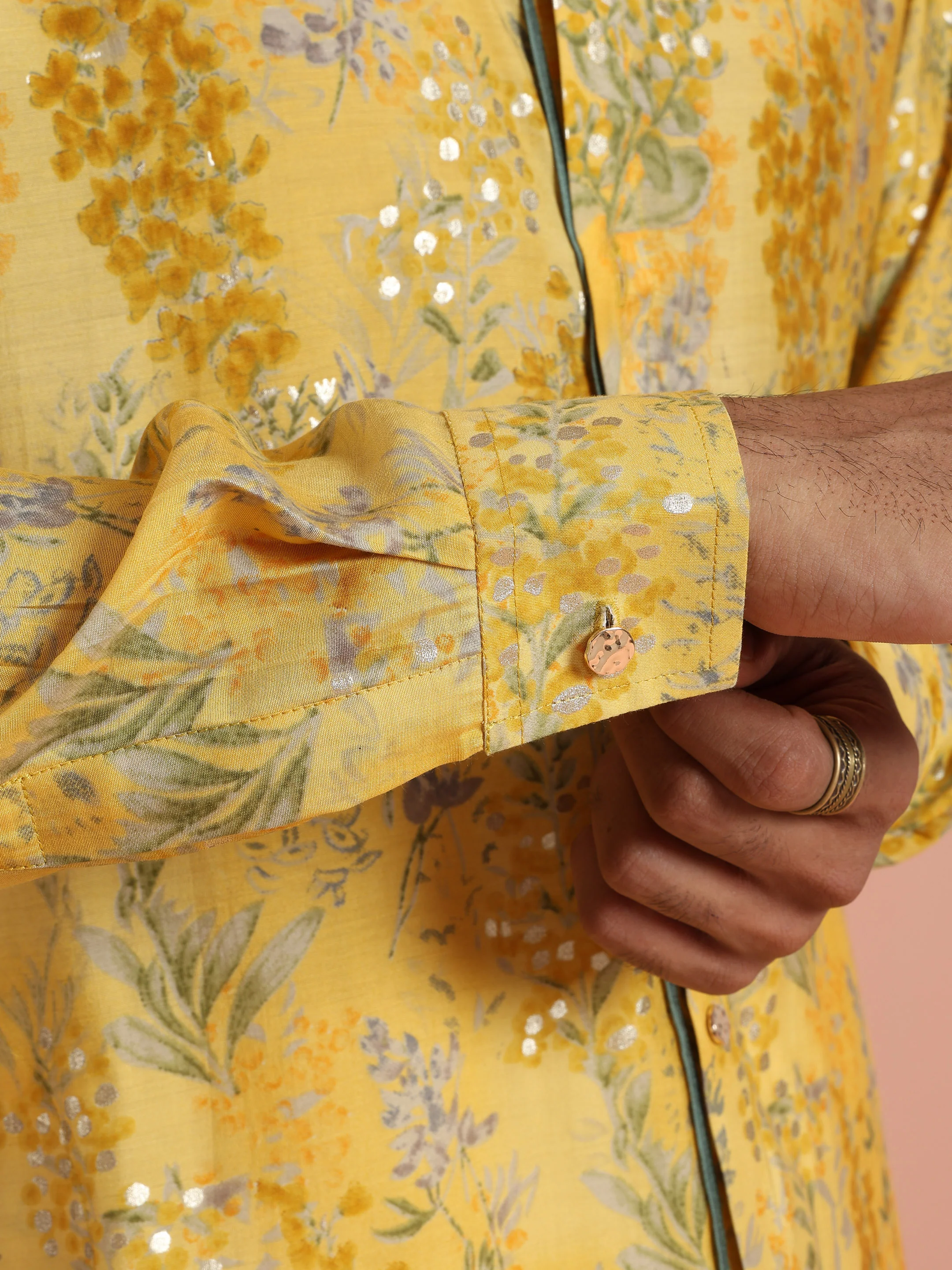 Yellow Floral Sequinned Mid Kurta - Image 7