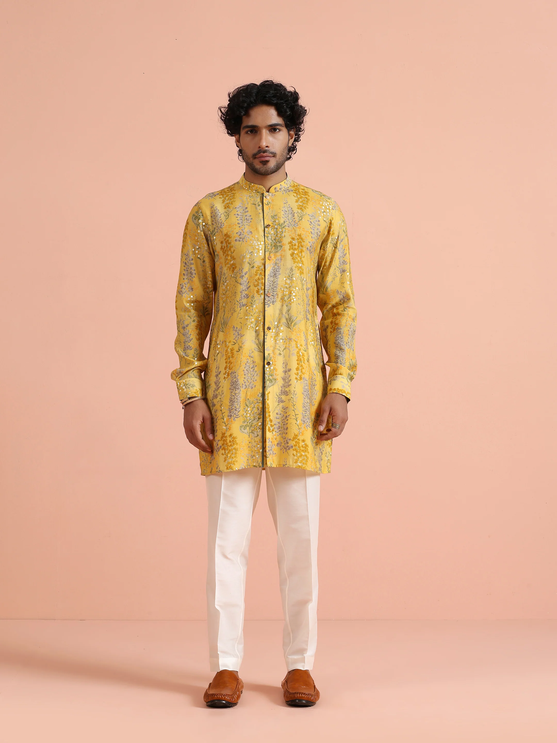 Yellow Floral Sequinned Mid Kurta - Image 9