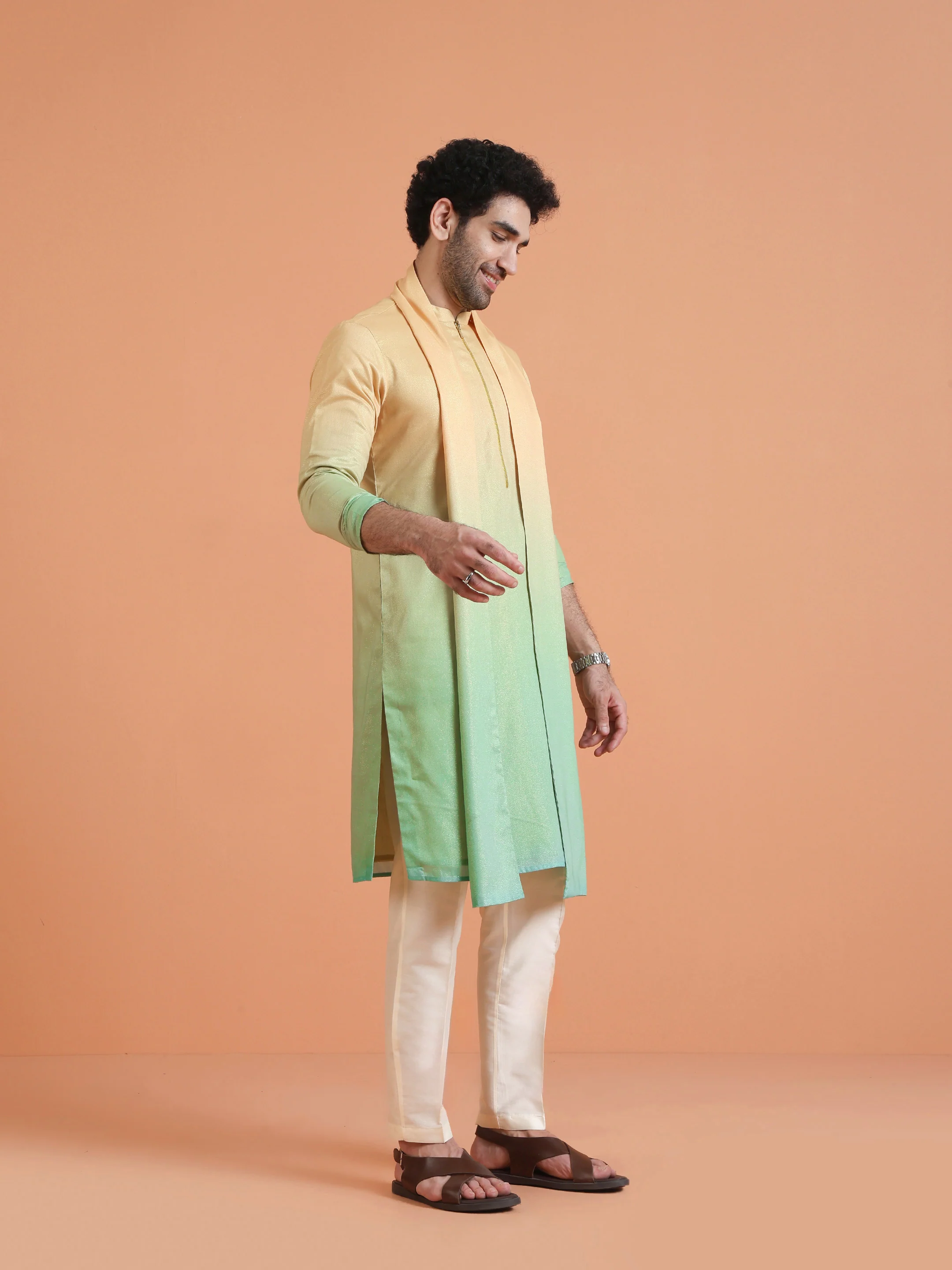 Yellow Green Ombre Cotton Silk Dupatta - Image 2