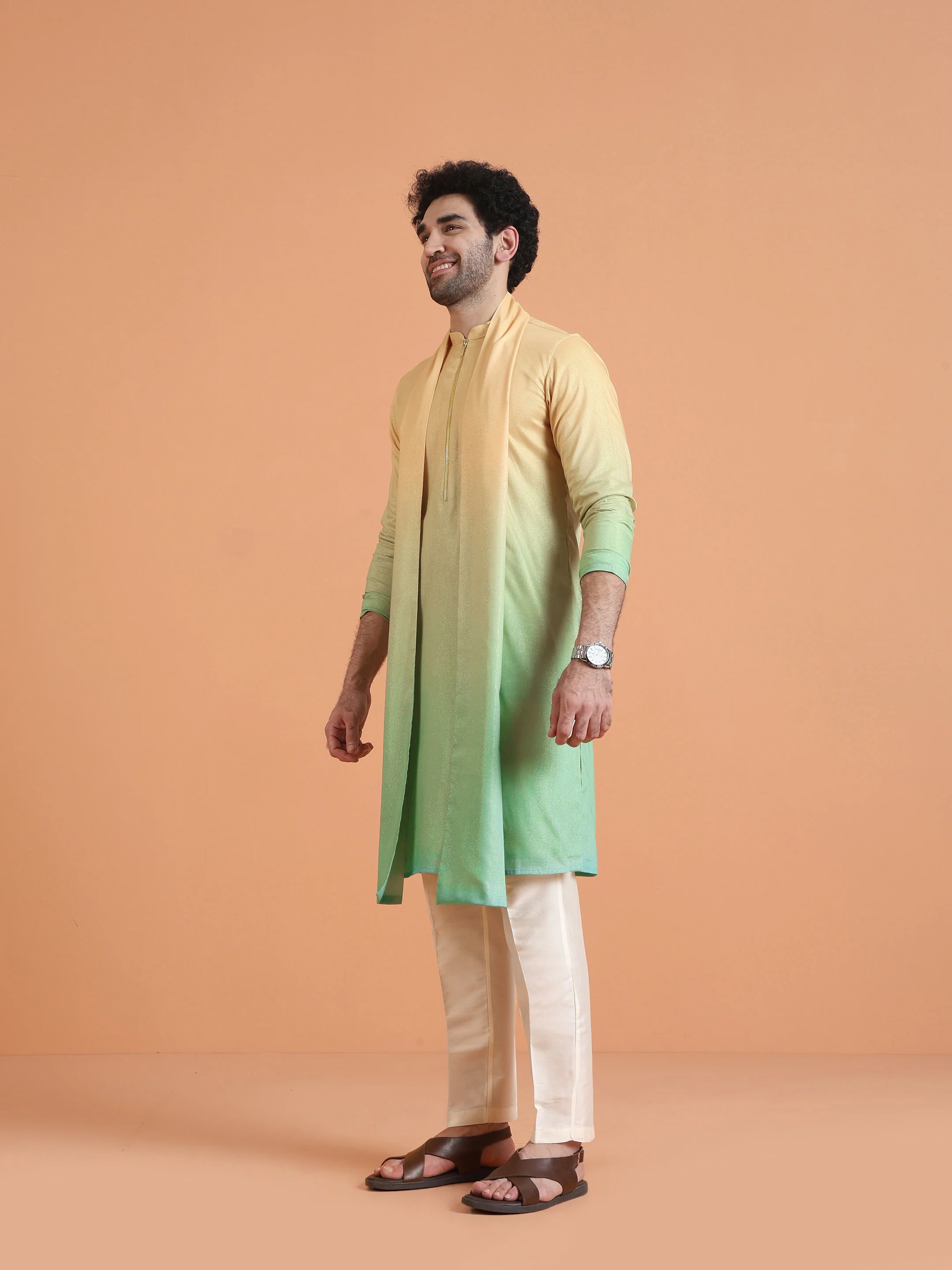 Yellow Green Ombre Satin Metallic Kurta Trouser Dupatta - Image 3