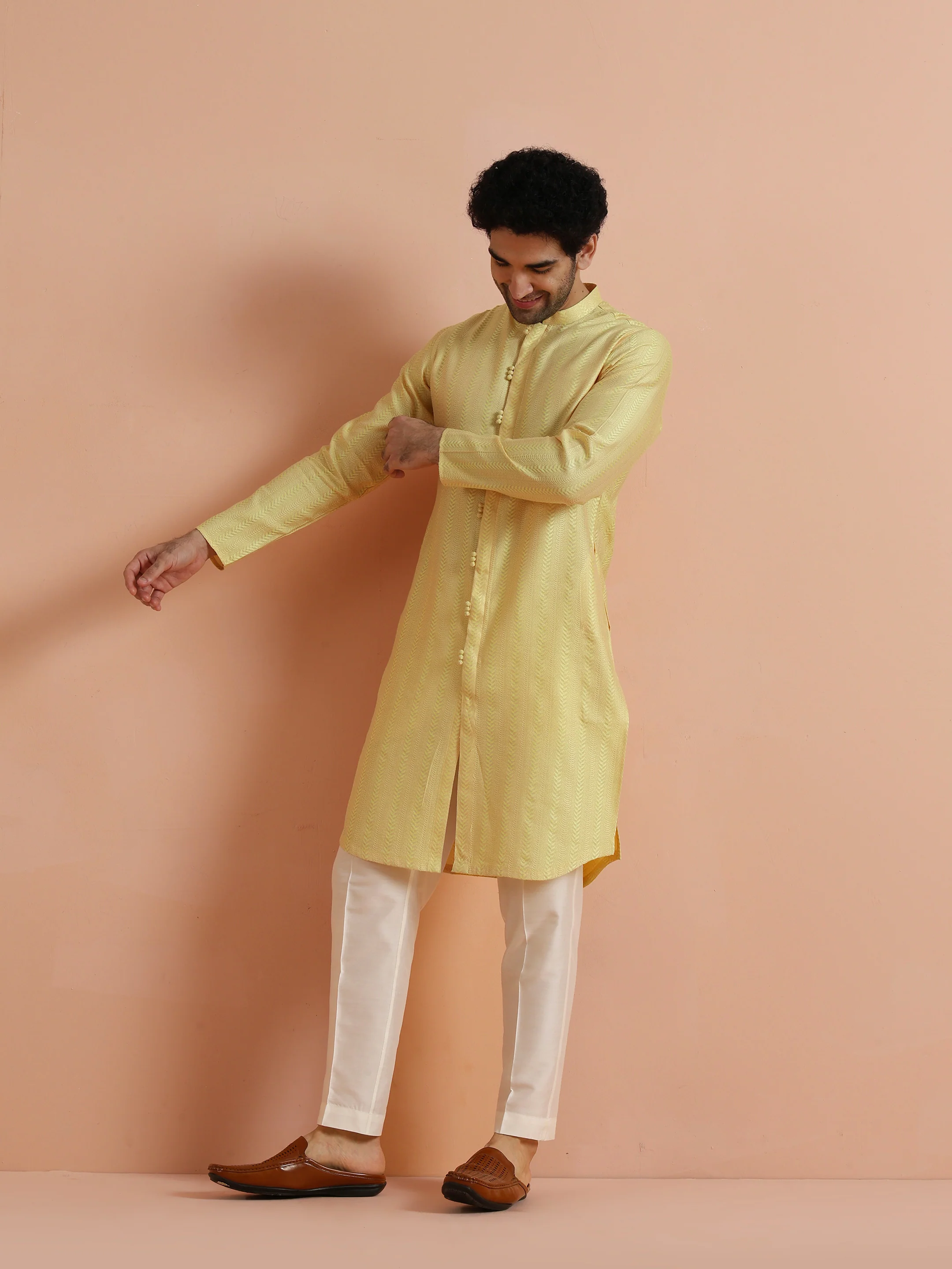 Yellow Jacquard Woven Kurta - Image 3