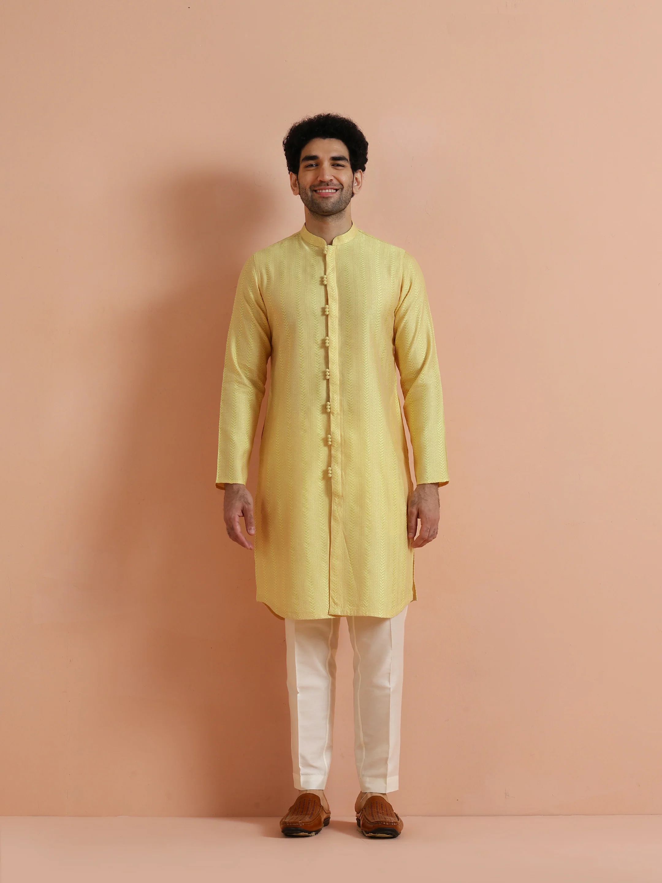 Yellow Jacquard Woven Kurta - Image 7