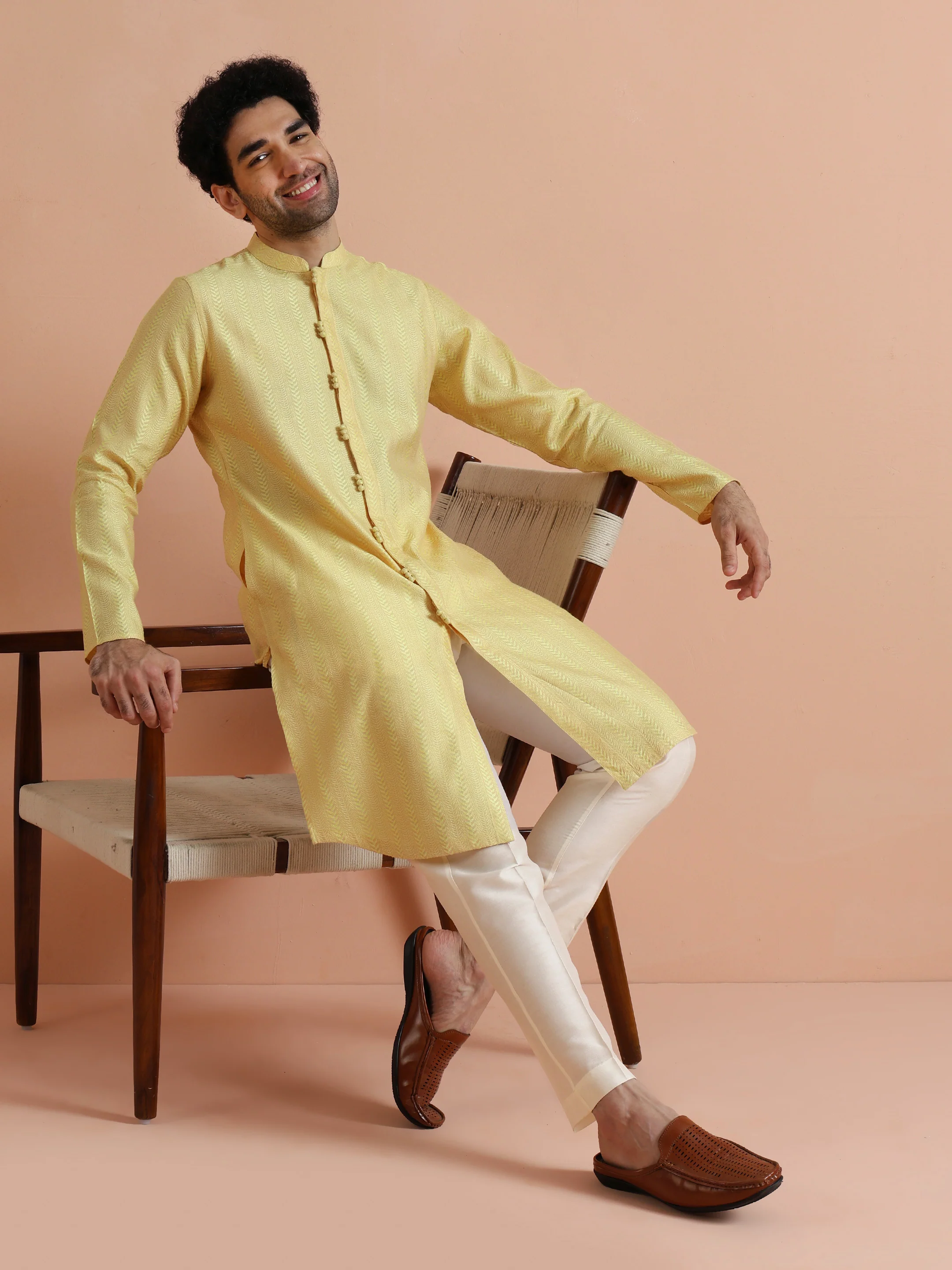 Yellow Jacquard Woven Kurta - Image 8