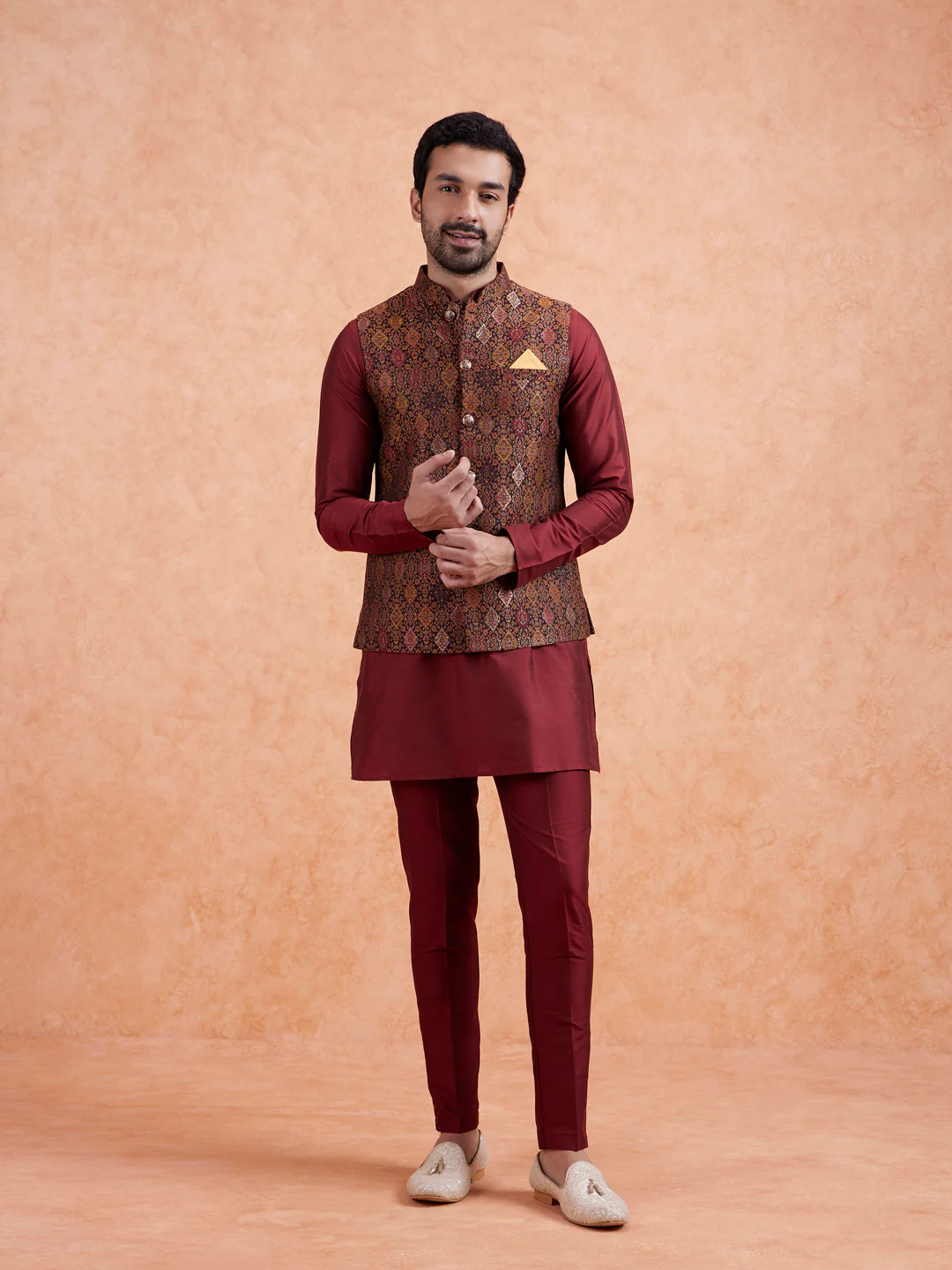 Maroon Jacquard Kurta Jacket Set