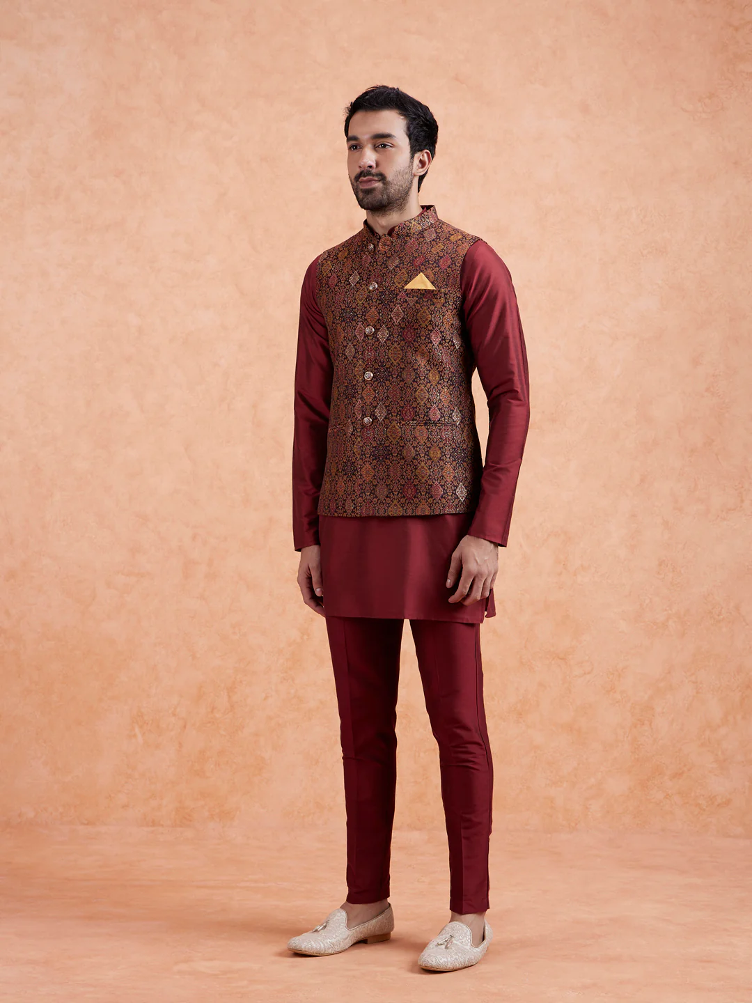 Maroon Jacquard Kurta Jacket Set - Image 3