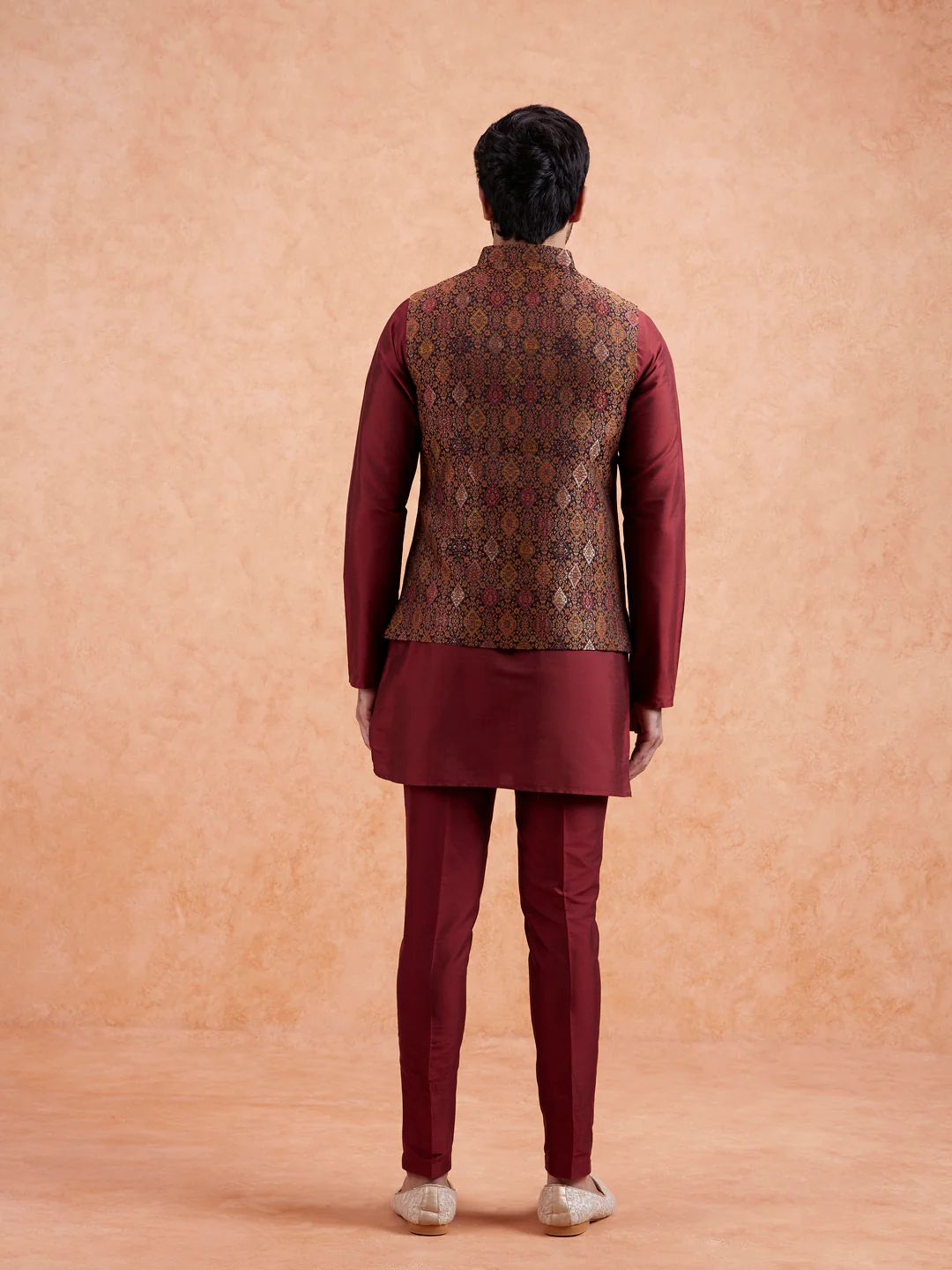 Maroon Jacquard Kurta Jacket Set - Image 5
