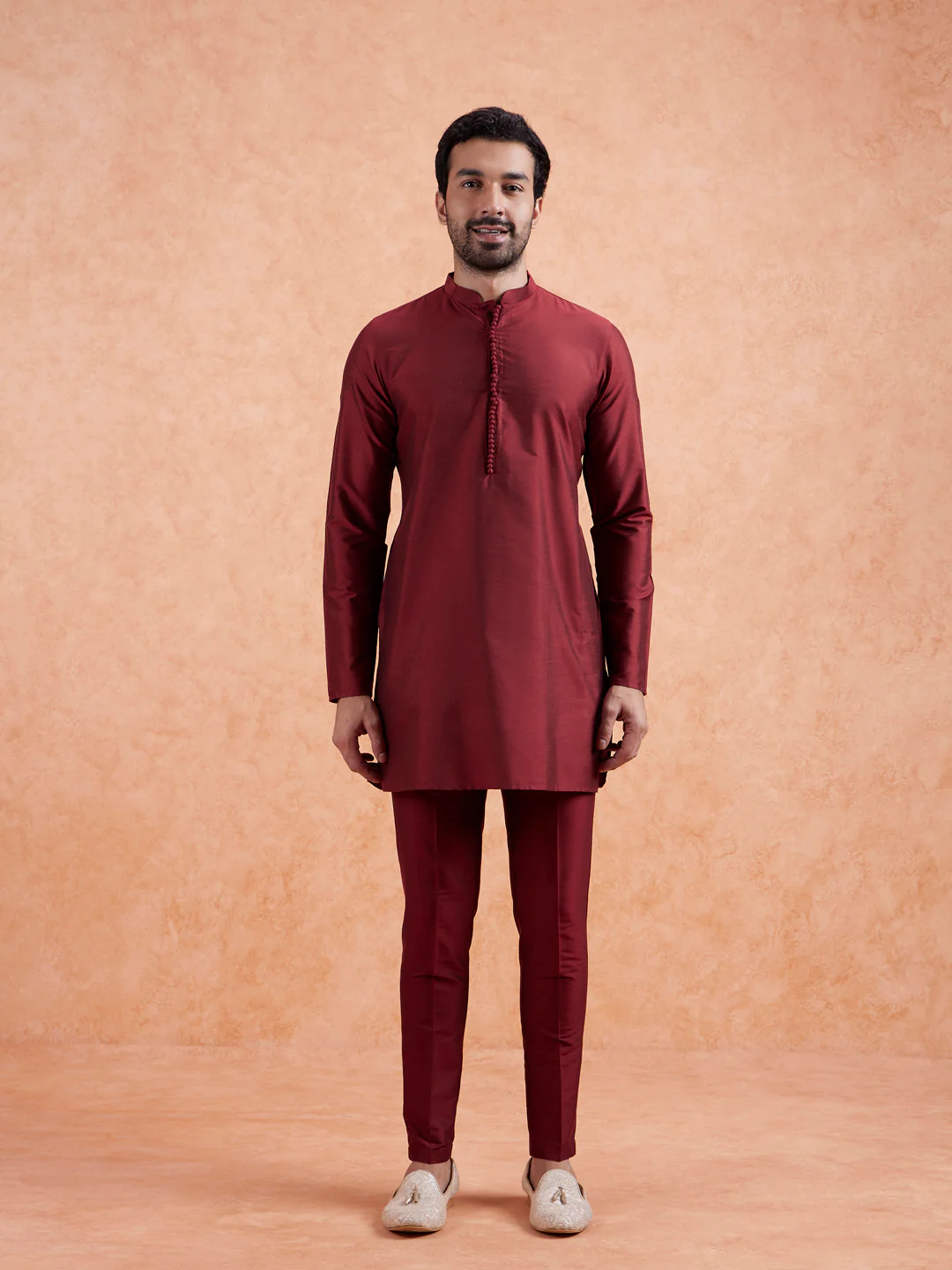 Maroon Jacquard Kurta Jacket Set - Image 6