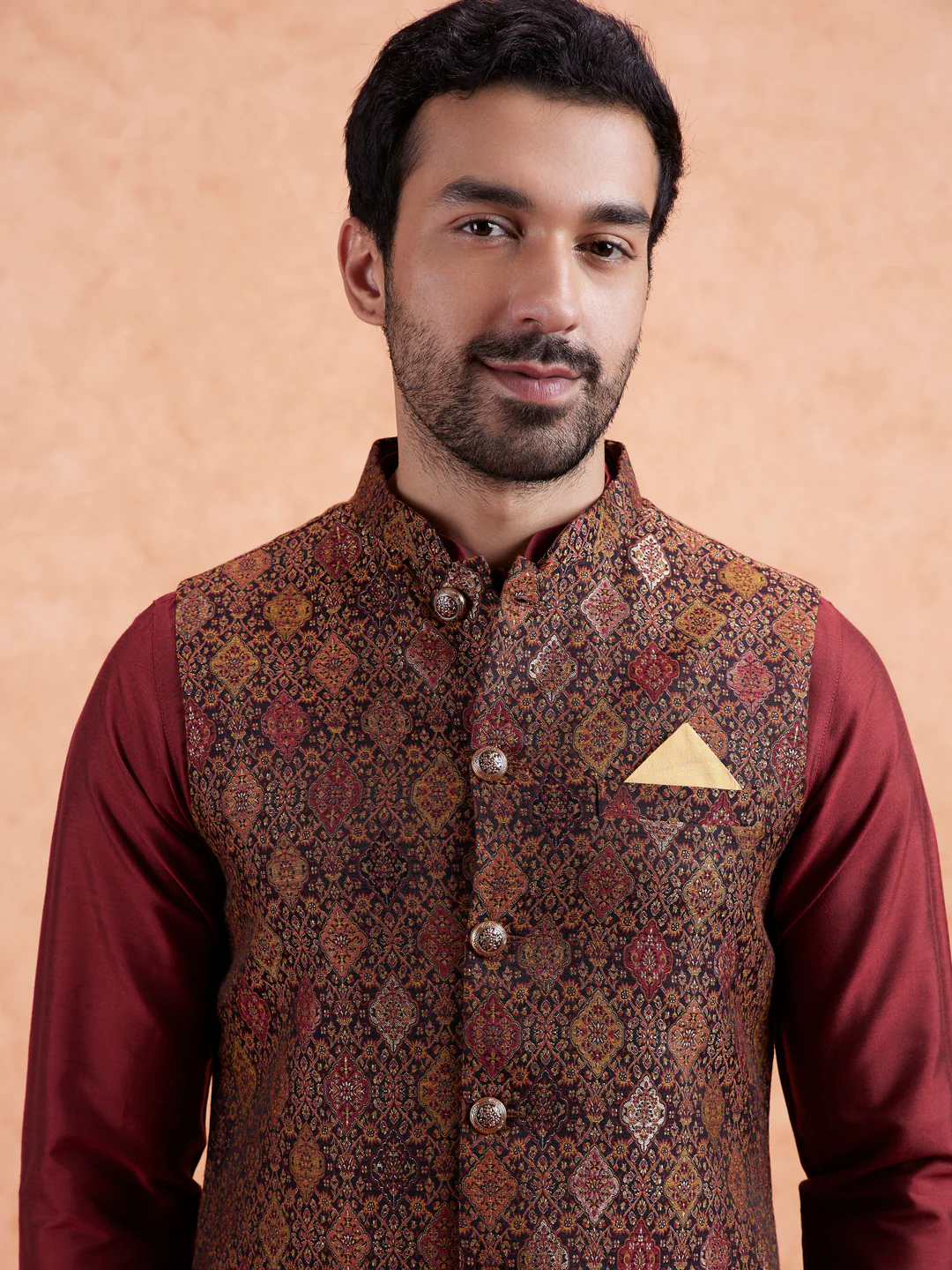 Maroon Jacquard Kurta Jacket Set - Image 8