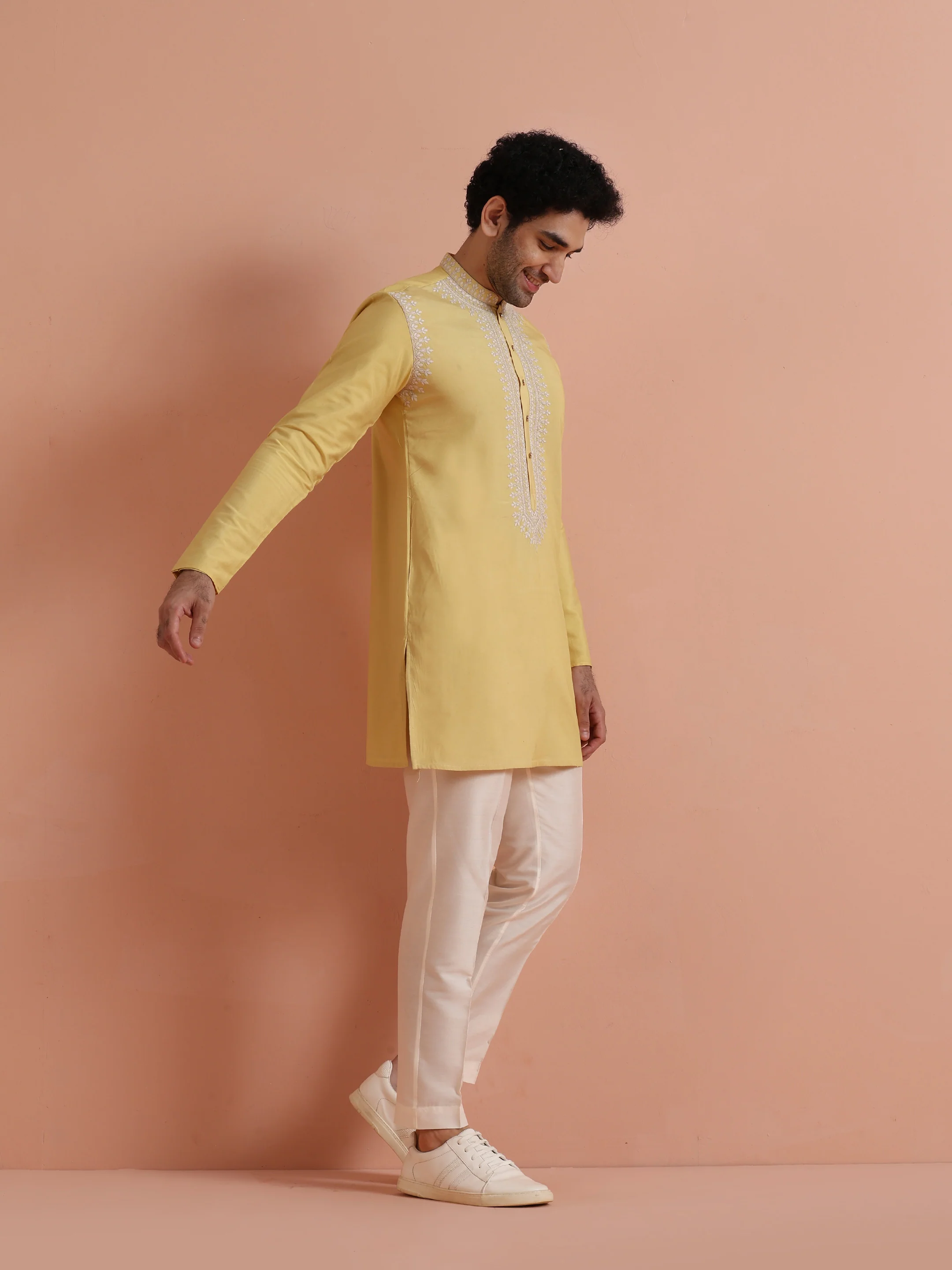 Yellow Poly Silk Embroidered Kurta - Image 2