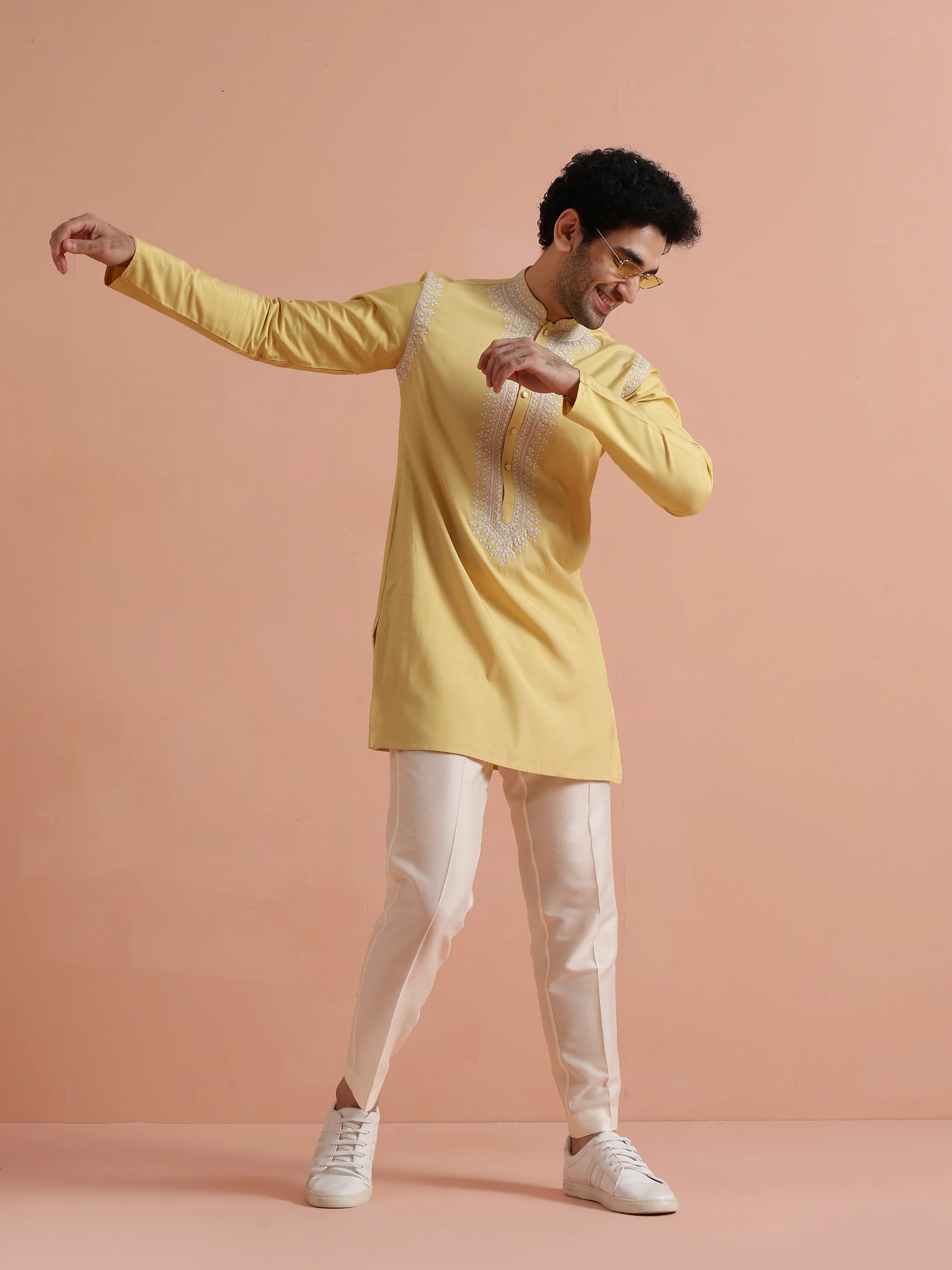 Yellow Poly Silk Embroidered Kurta - Image 8