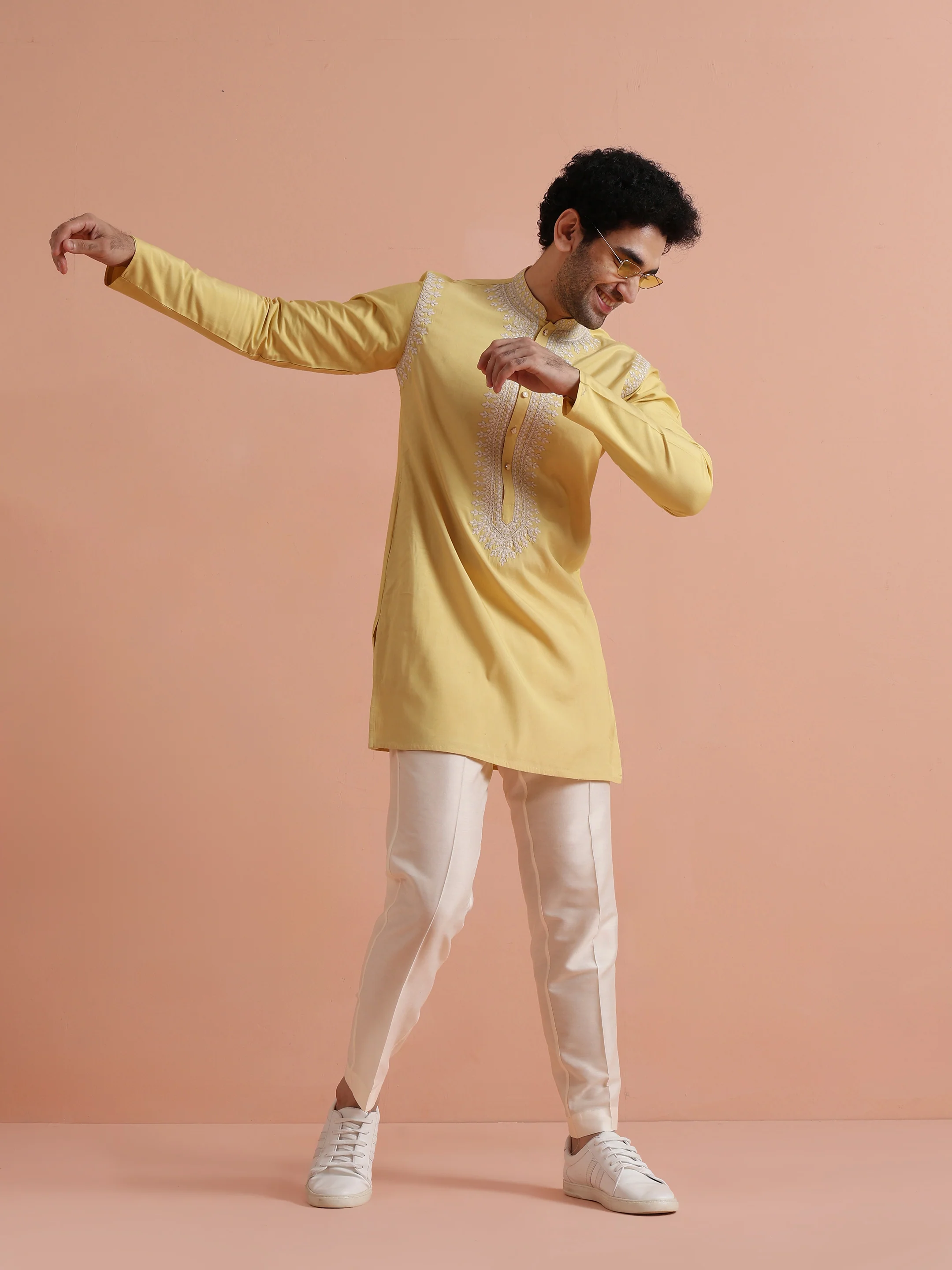 Yellow Poly Silk Embroidered Mid Kurta Set