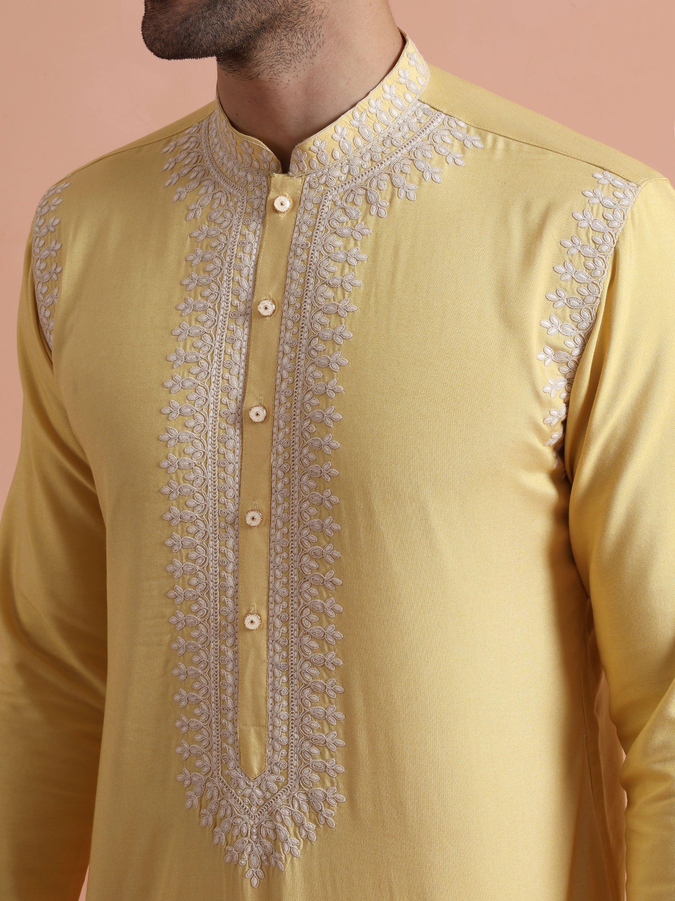 Yellow Poly Silk Embroidered Mid Kurta Set - Image 5