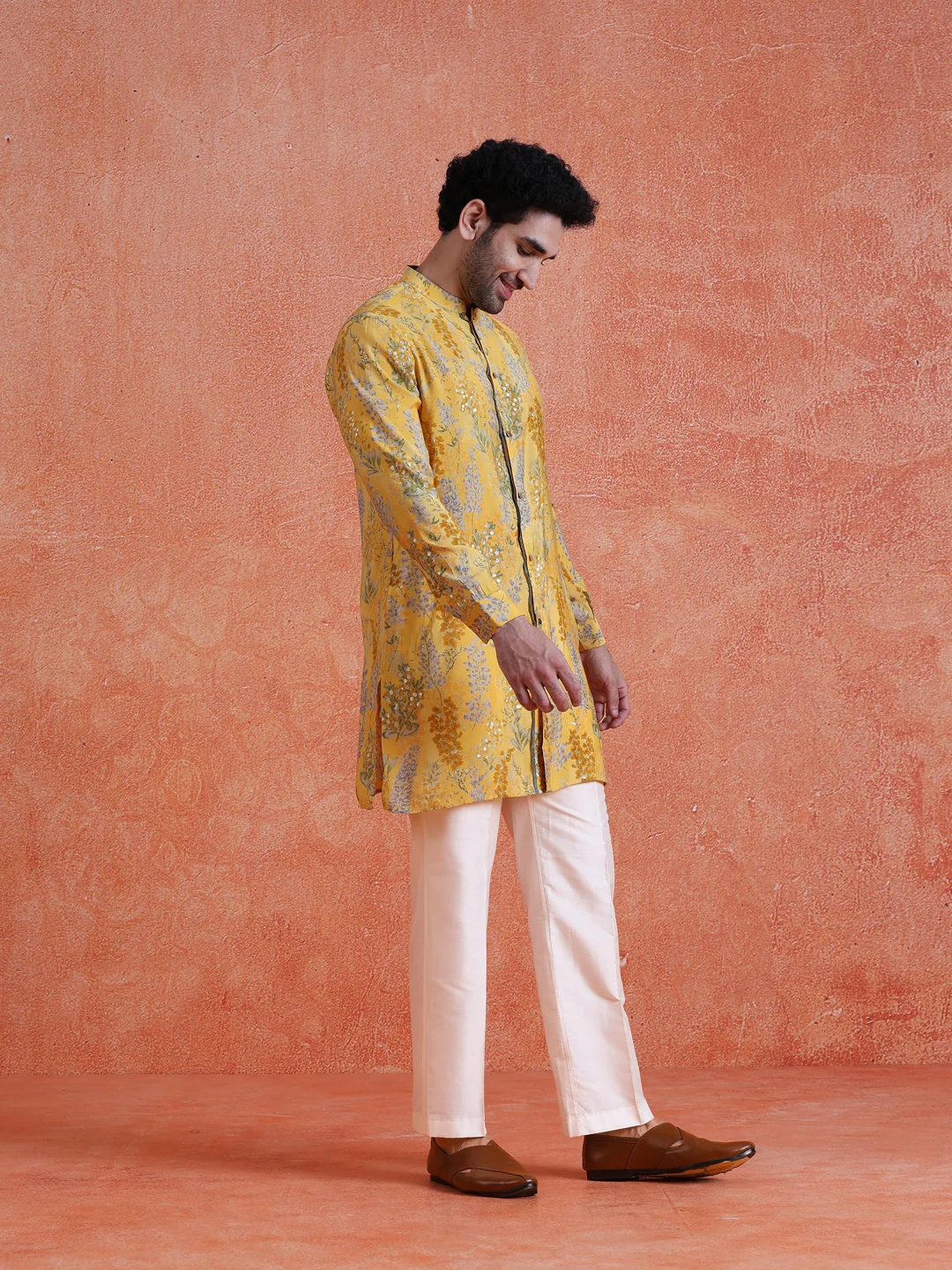 Yellow Polyviscose Printed Front Open Mid Kurta Wide Leg Trouser Set - Image 2