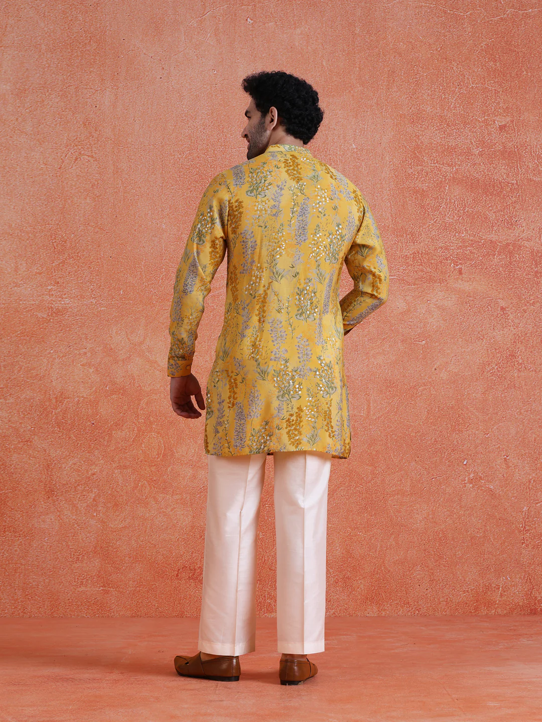 Yellow Polyviscose Printed Front Open Mid Kurta Wide Leg Trouser Set - Image 4