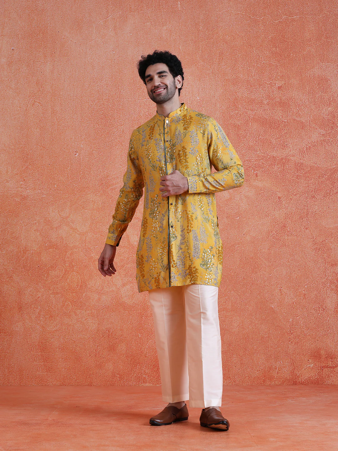 Yellow Polyviscose Printed Front Open Mid Kurta Wide Leg Trouser Set - Image 8