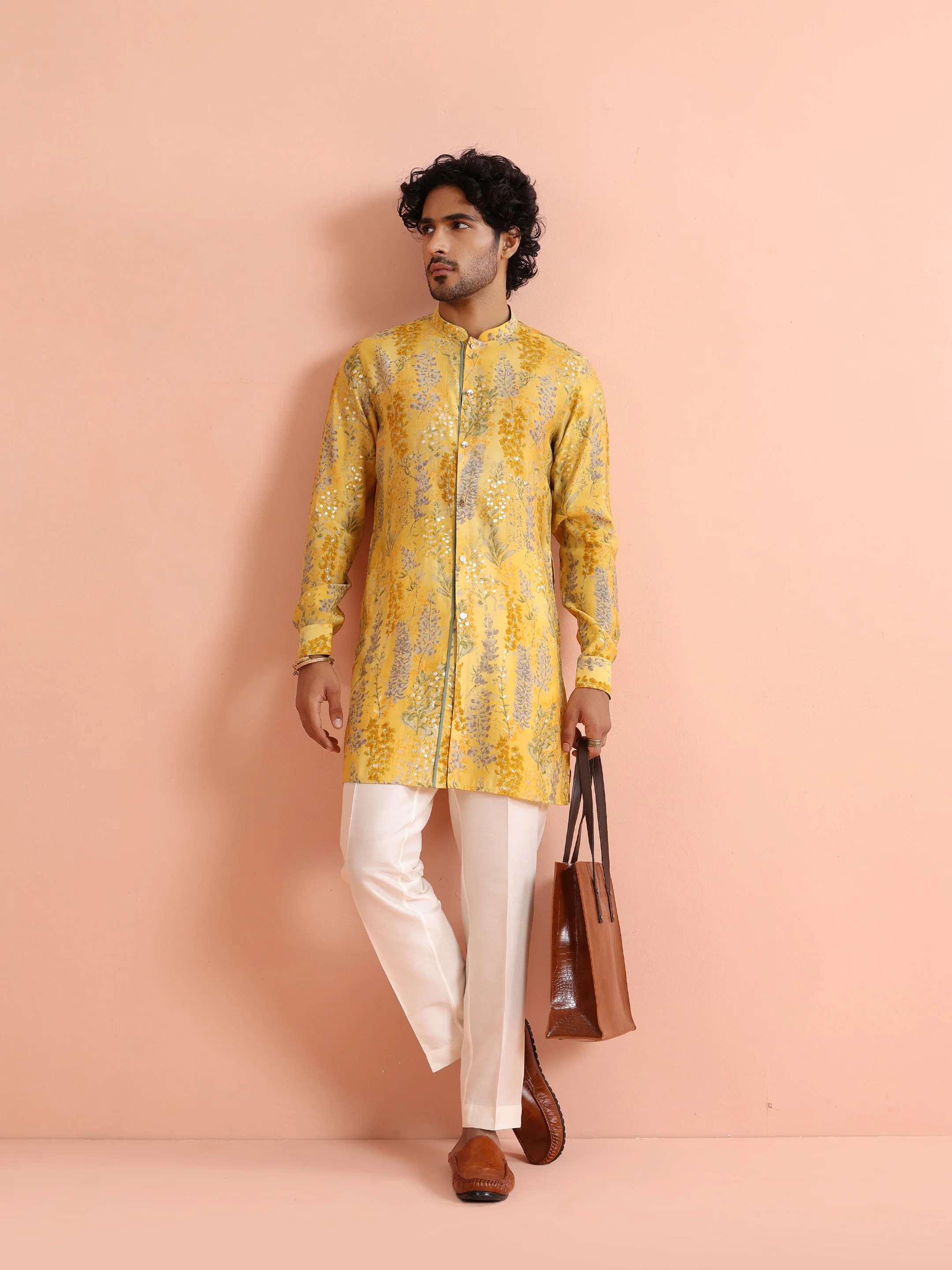 Yellow Printed Embellished Cotton Kurta Trouser Set