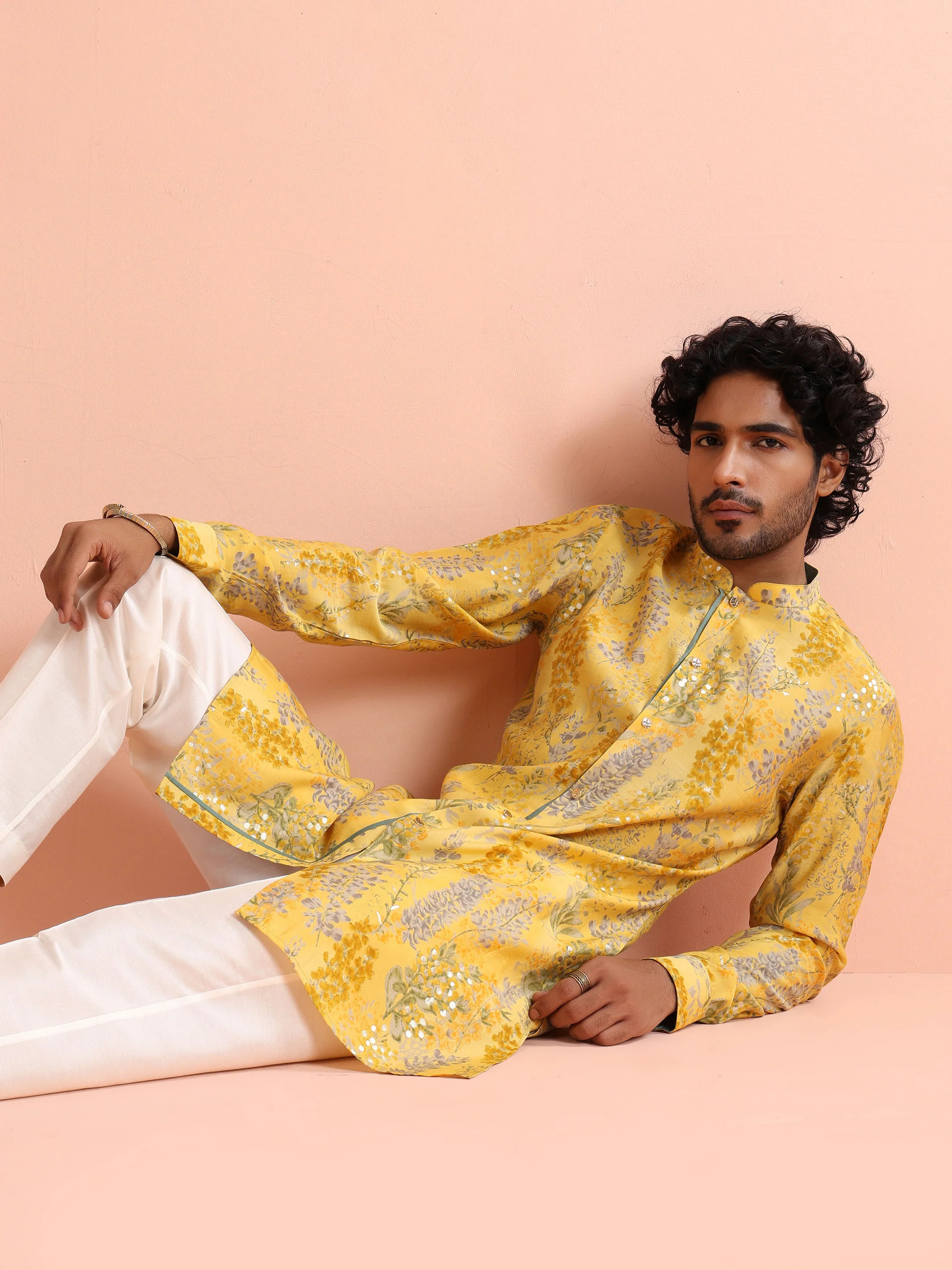 Yellow Printed Embellished Cotton Kurta Trouser Set - Image 11