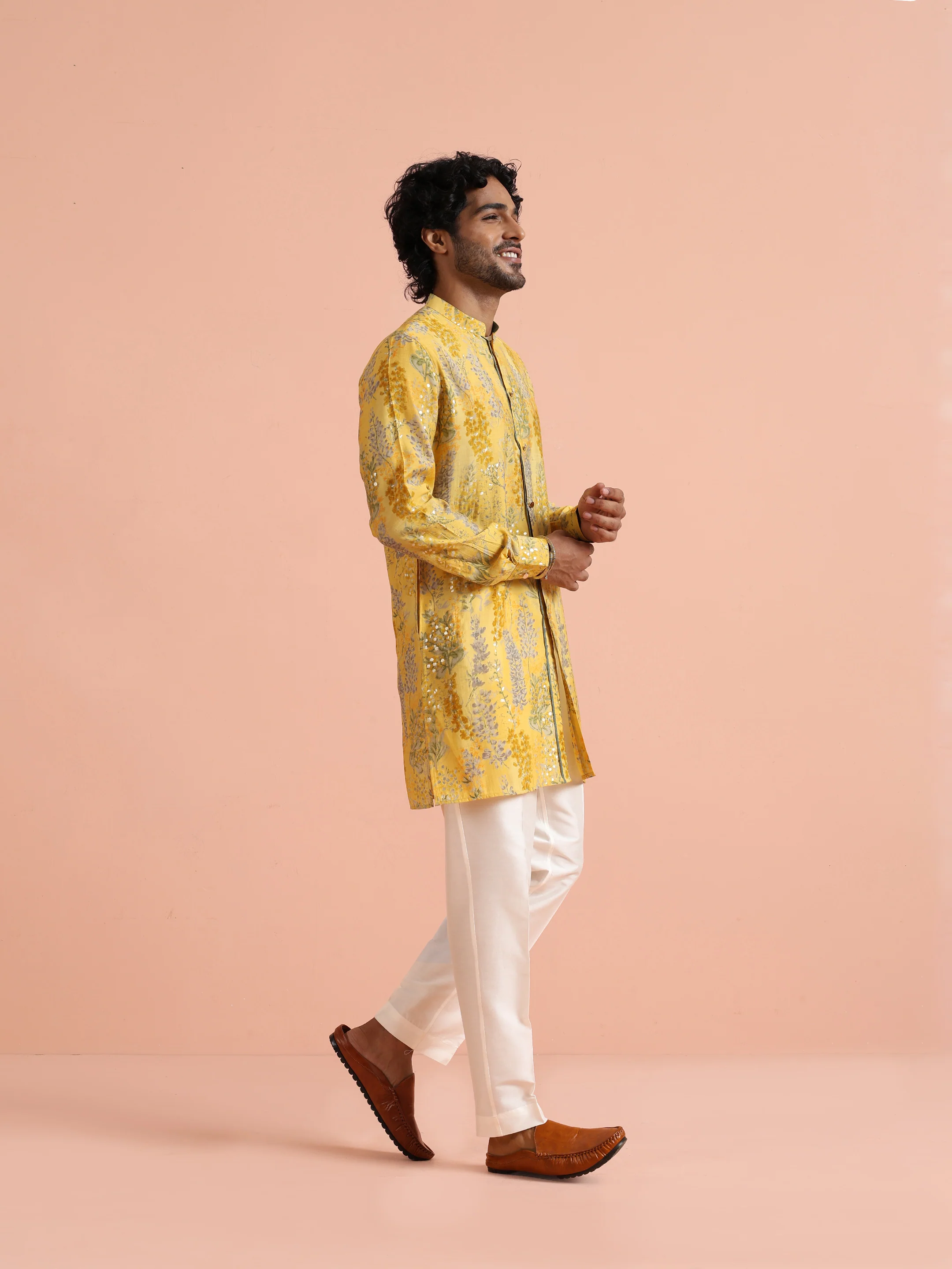 Yellow Printed Embellished Cotton Kurta Trouser Set - Image 2