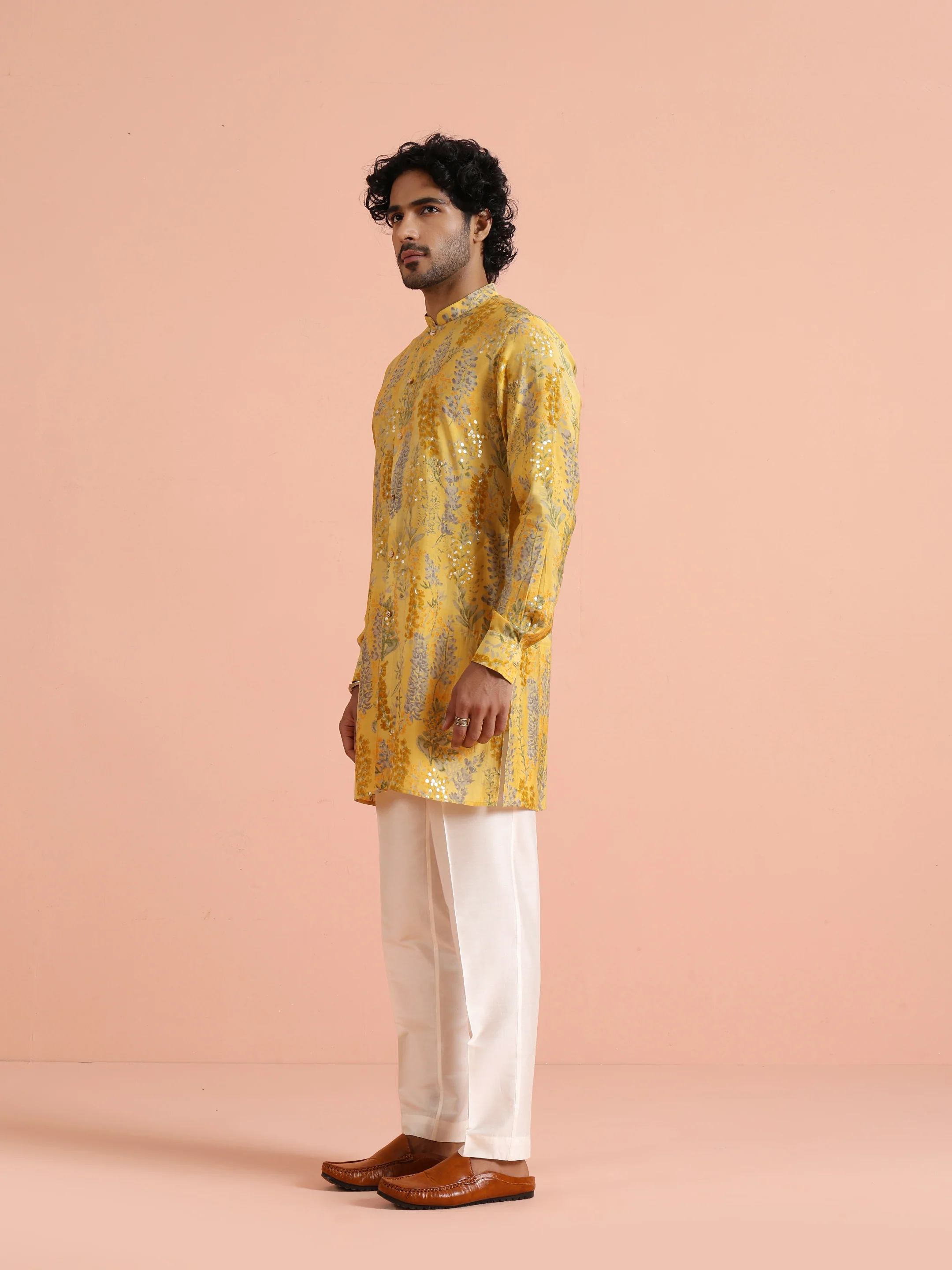 Yellow Printed Embellished Cotton Kurta Trouser Set - Image 3