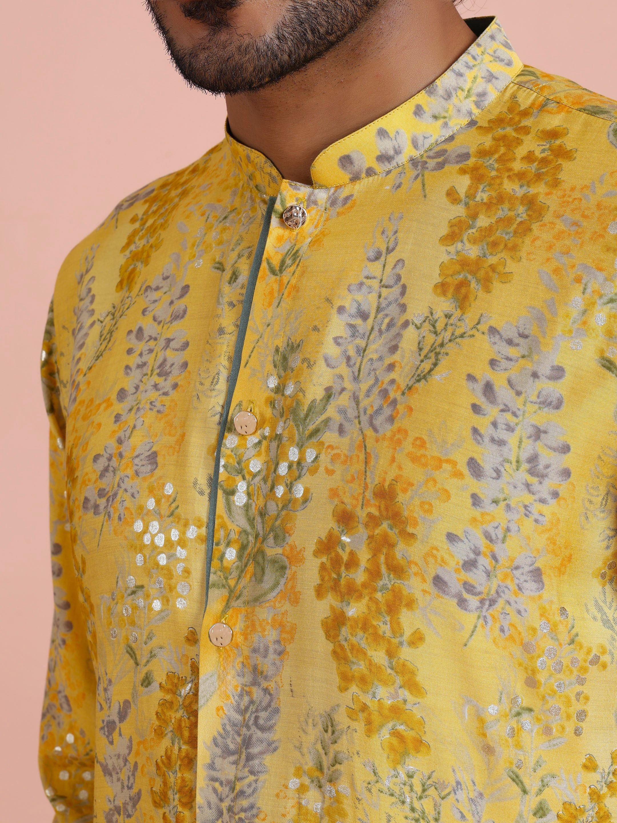 Yellow Printed Embellished Cotton Kurta Trouser Set - Image 5