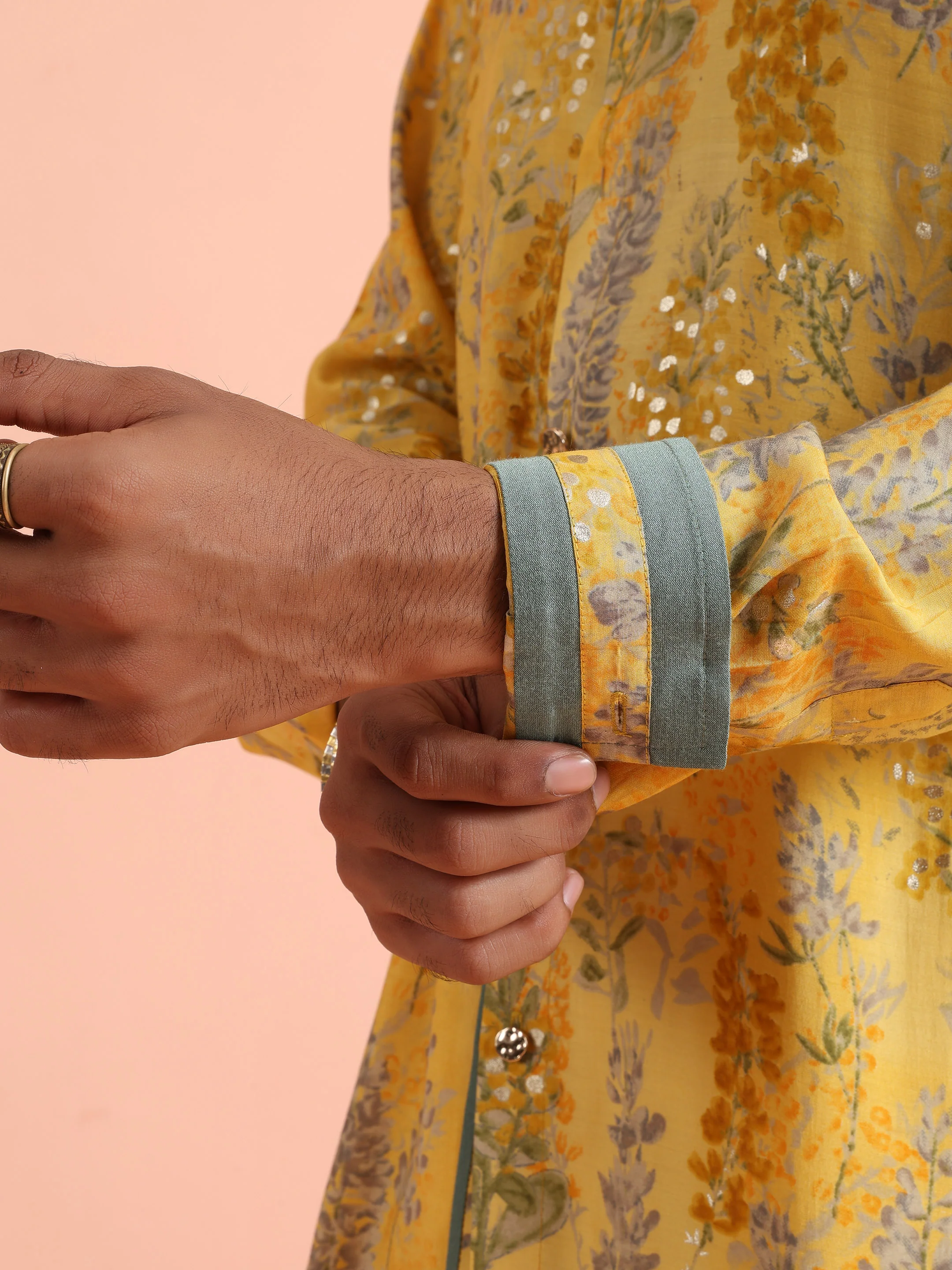 Yellow Printed Embellished Cotton Kurta Trouser Set - Image 7