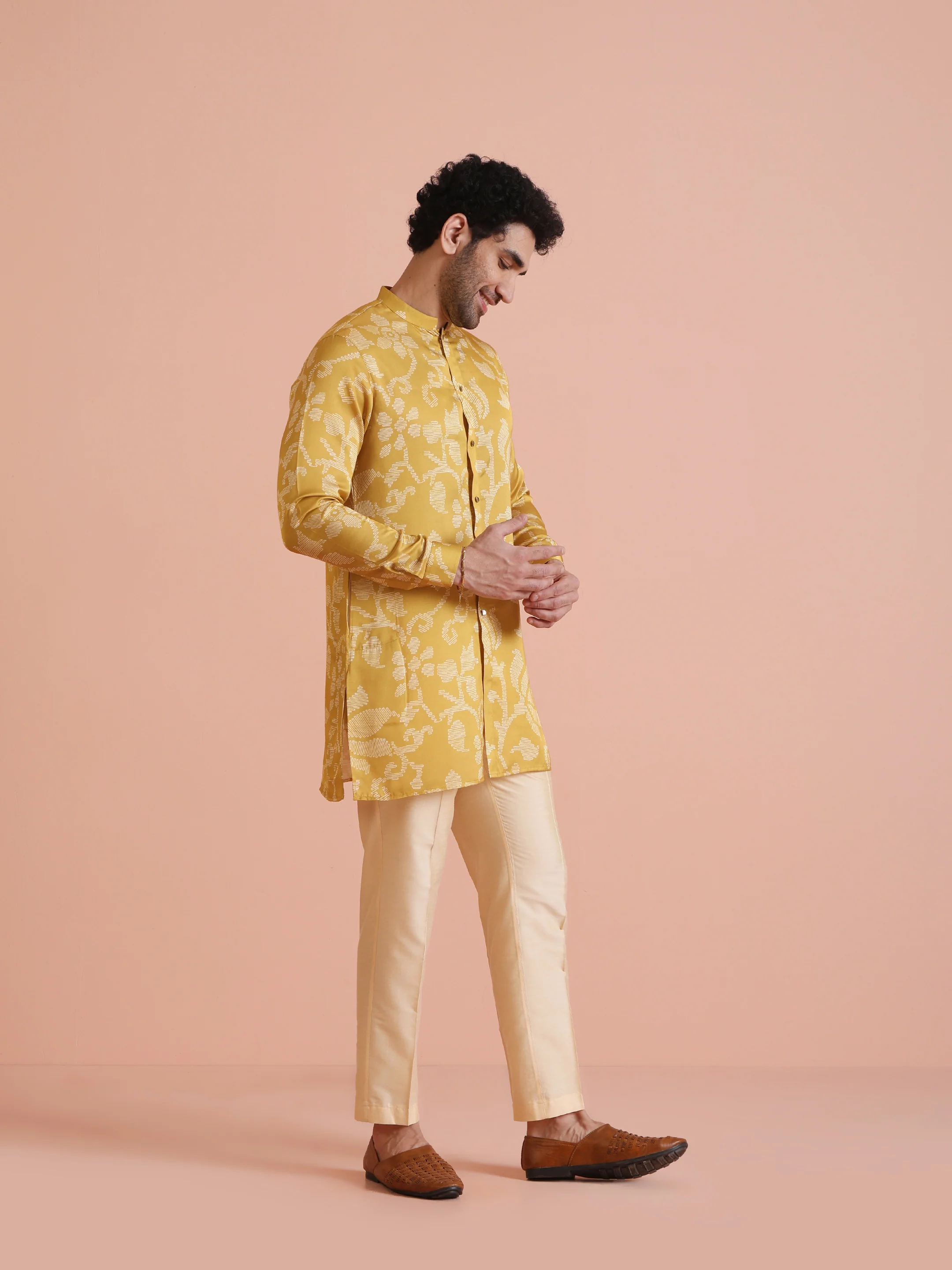 Yellow Printed Front Open Kurta Set - Image 3