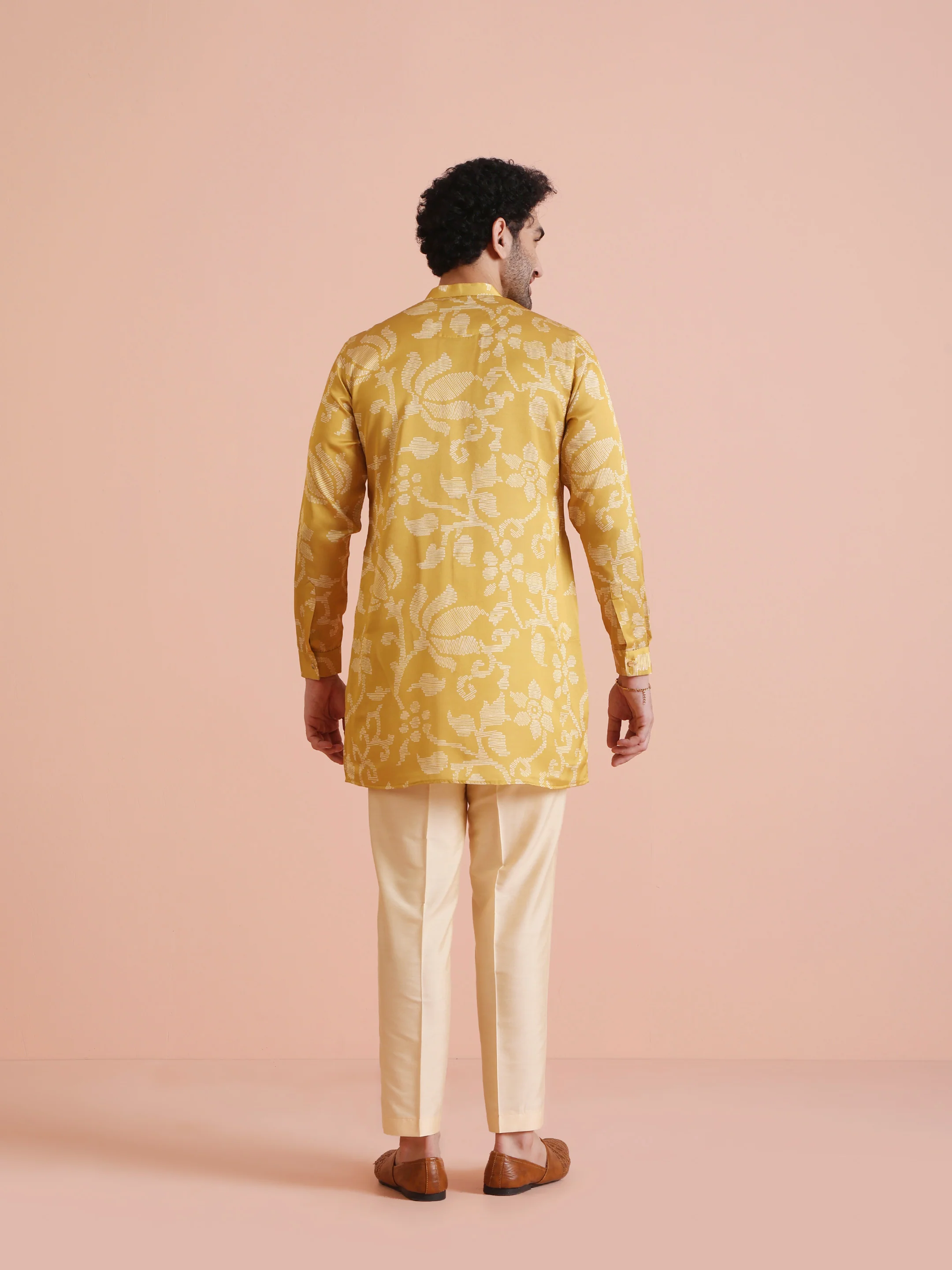 Yellow Printed Front Open Kurta Set - Image 4