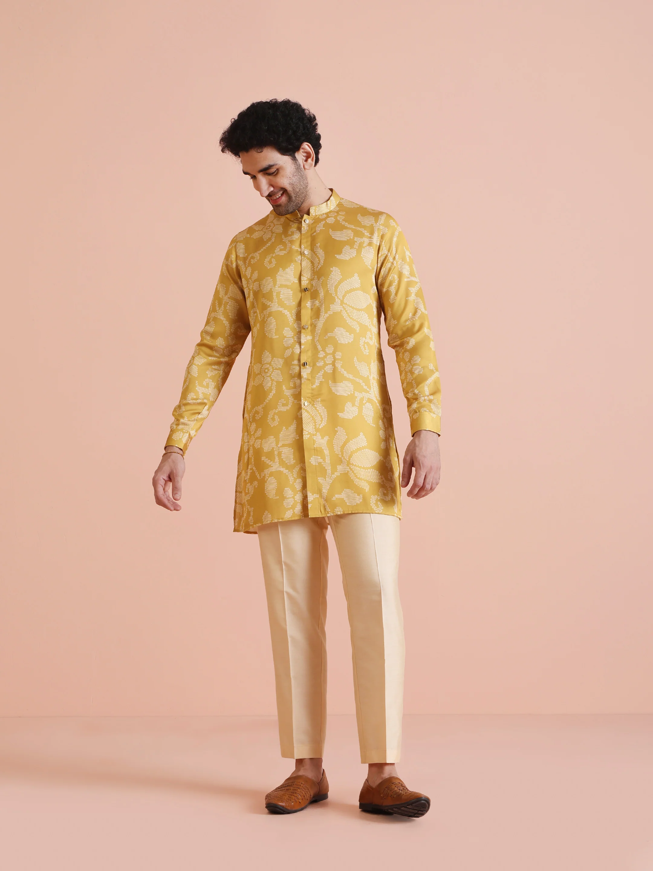 Yellow Printed Front Open Kurta Set - Image 7